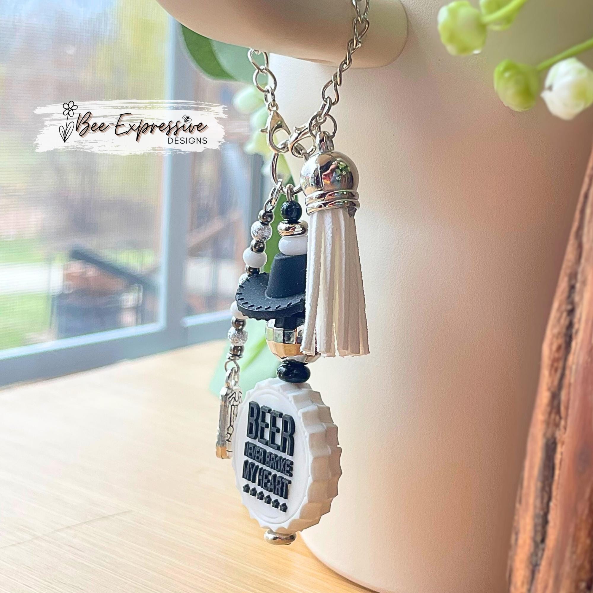 Tumbler charm, Beer Never Broke My Heart, Combs! Western cowboy hat, disco ball bead, bottle cap bead, beaded tassel, boot charm!