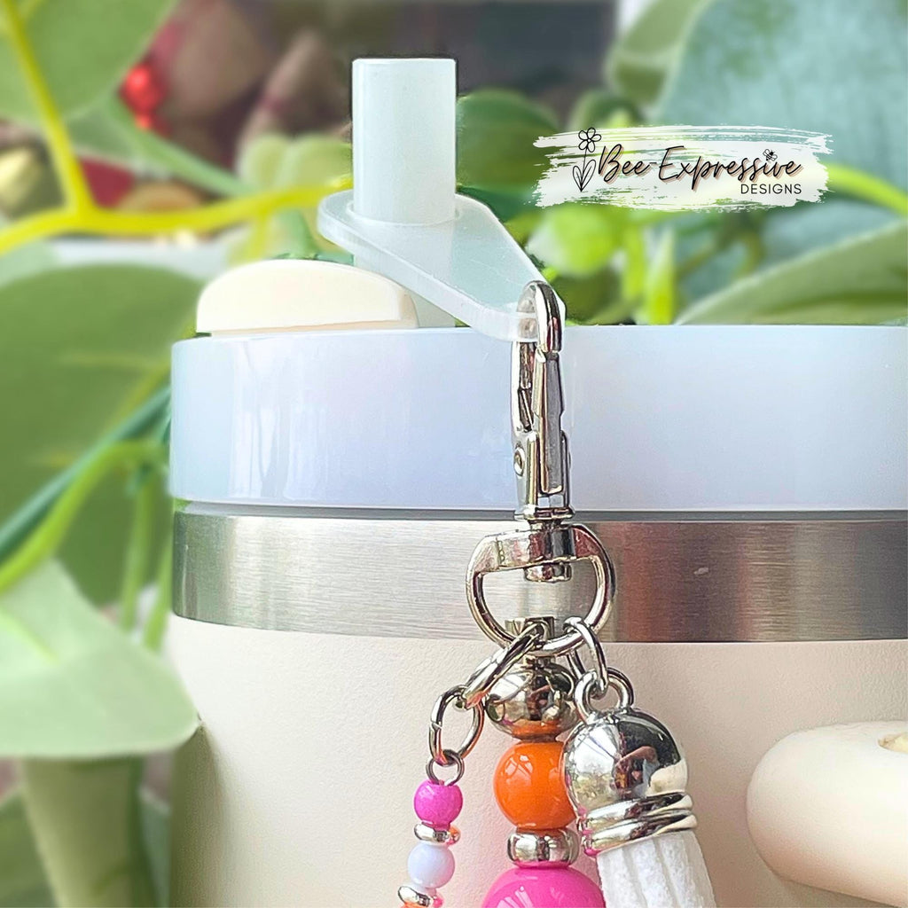 Beaded, D DUNKIN tumbler charm chains, SET! Swivel clasp with straw pick, donut, acrylic beads, spacers, beaded tassels with heart charms!