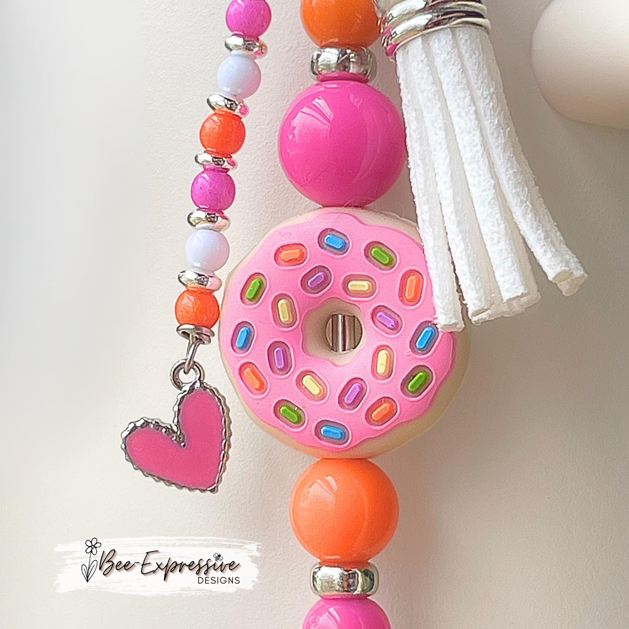 Beaded, D DUNKIN tumbler charm chains, SET! Swivel clasp with straw pick, donut, acrylic beads, spacers, beaded tassels with heart charms!