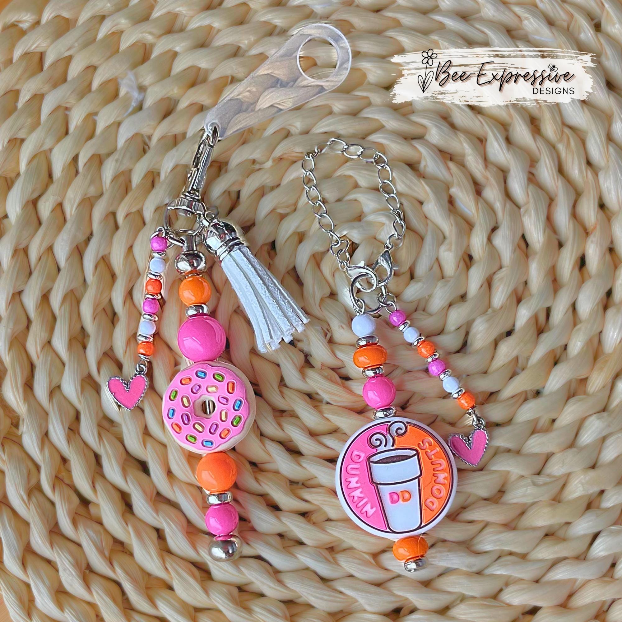 Beaded Tumbler Charm Set: Donut & Coffee Cup, Acrylic Beads, Heart Charms