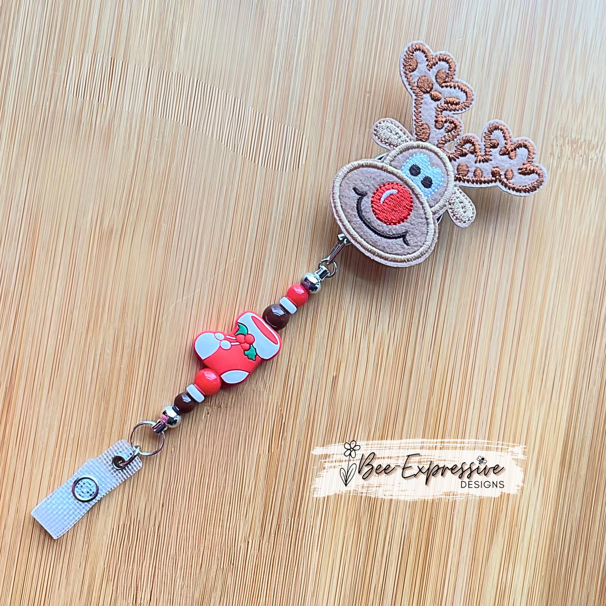 Rudolph, metal badge reel!  Reindeer, acrylic beads