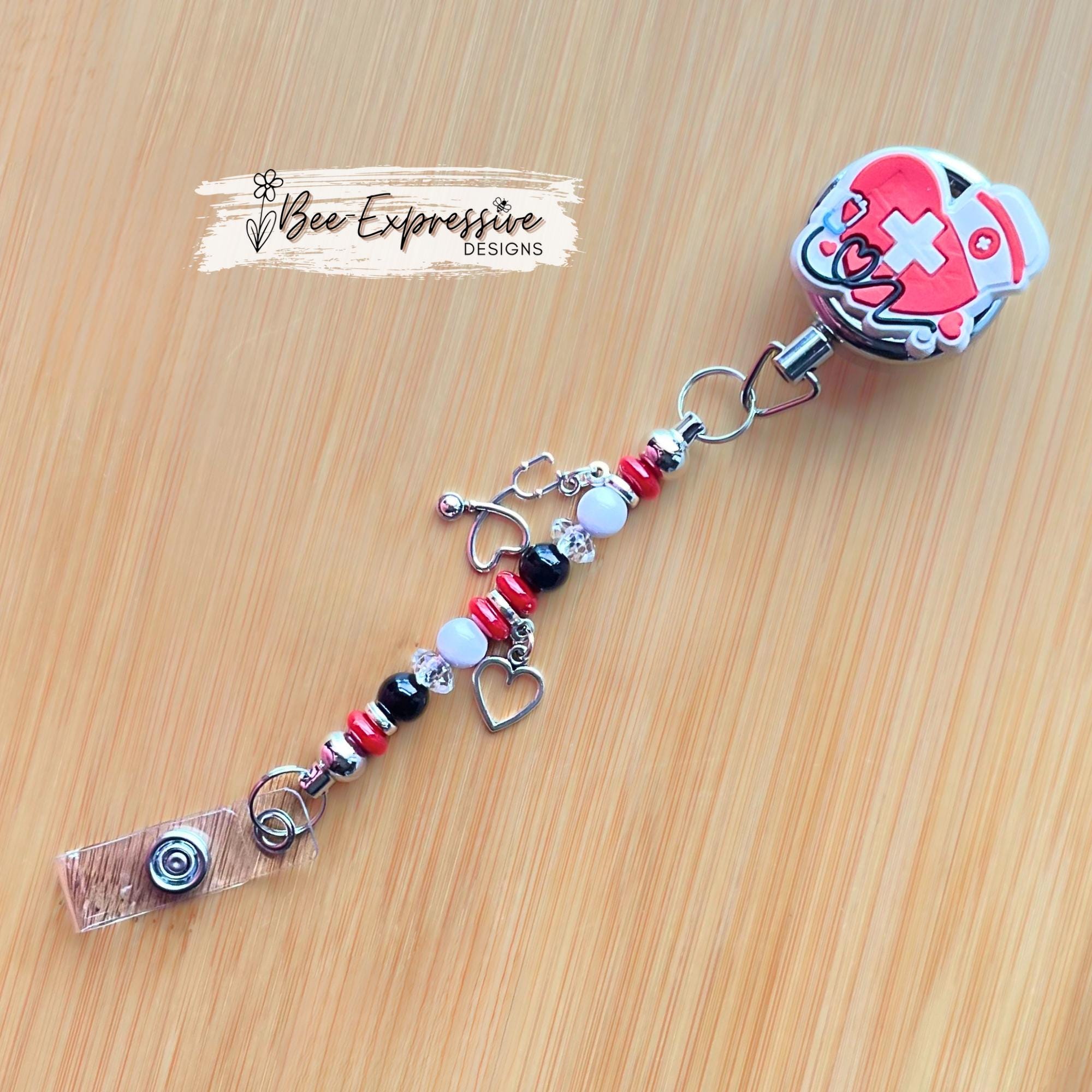 Nurse Badge Reel: Beaded Stethoscope Heart Charms