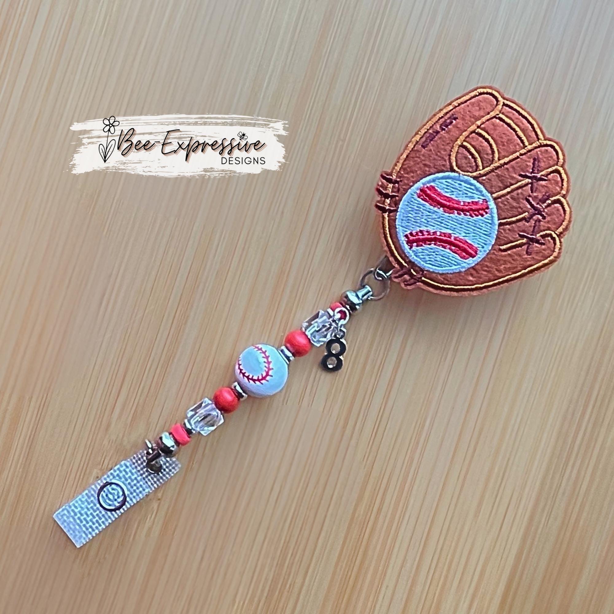 Beaded Baseball Badge Reel: Custom Jersey Number, Metal Clip