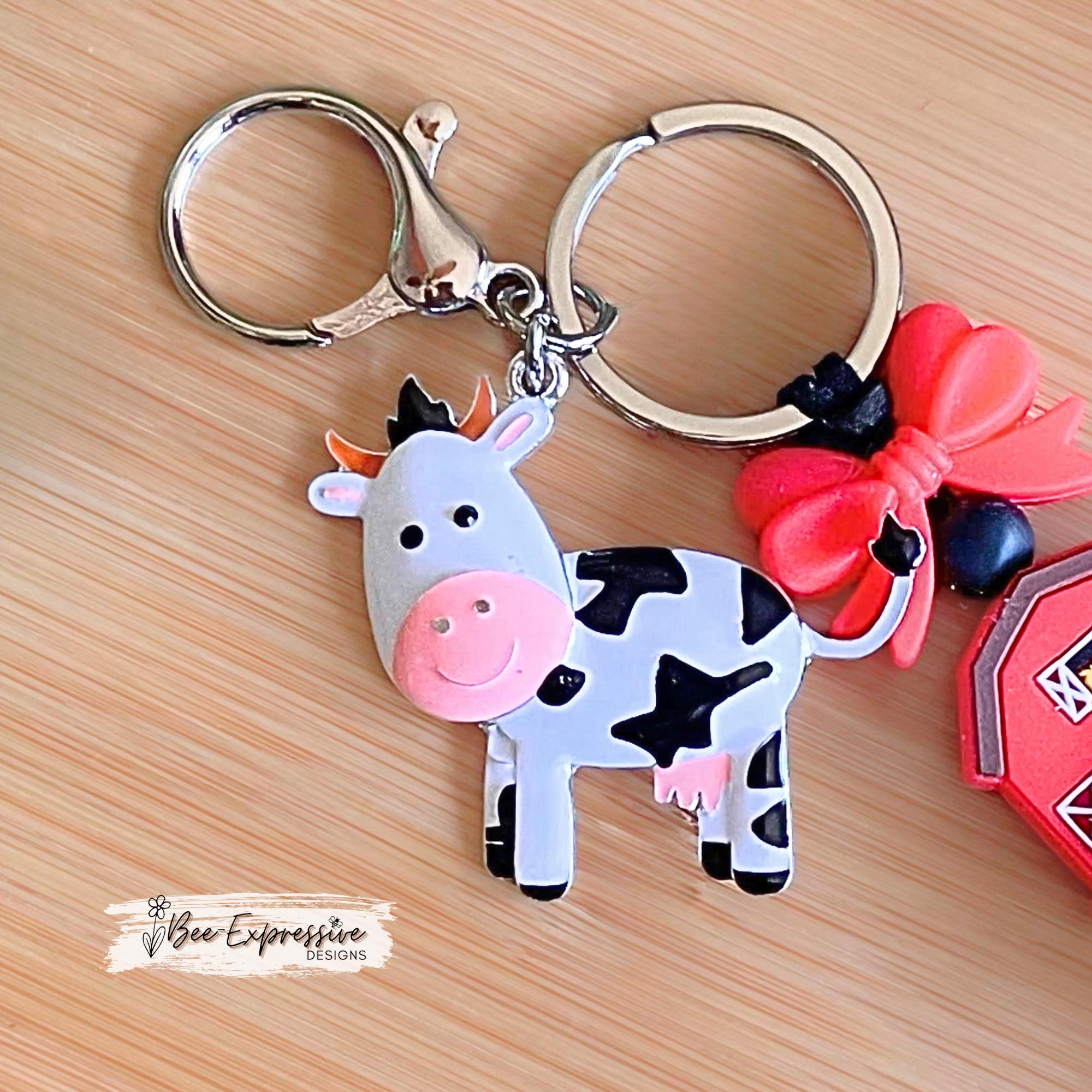 Silicone RED BARN and cow charm keychain! Lobster or swivel clasp, suede cord, silicone bow, wood animal print bead, a metal cow charm!
