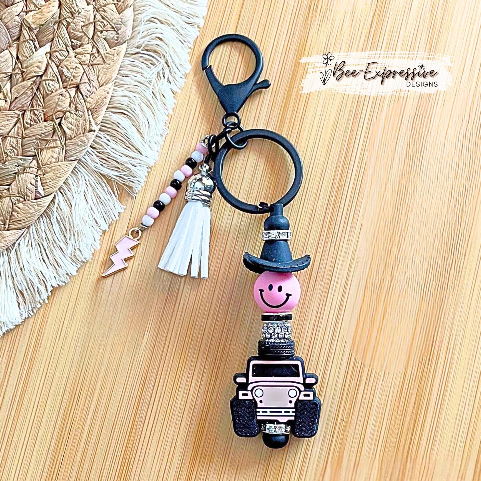 Unique, COWBOY 4x4 keychain! Lobster or swivel clasp, toy tire bead, 3D silicone cowgirl hat, beaded tassel & a pink  lightning charm