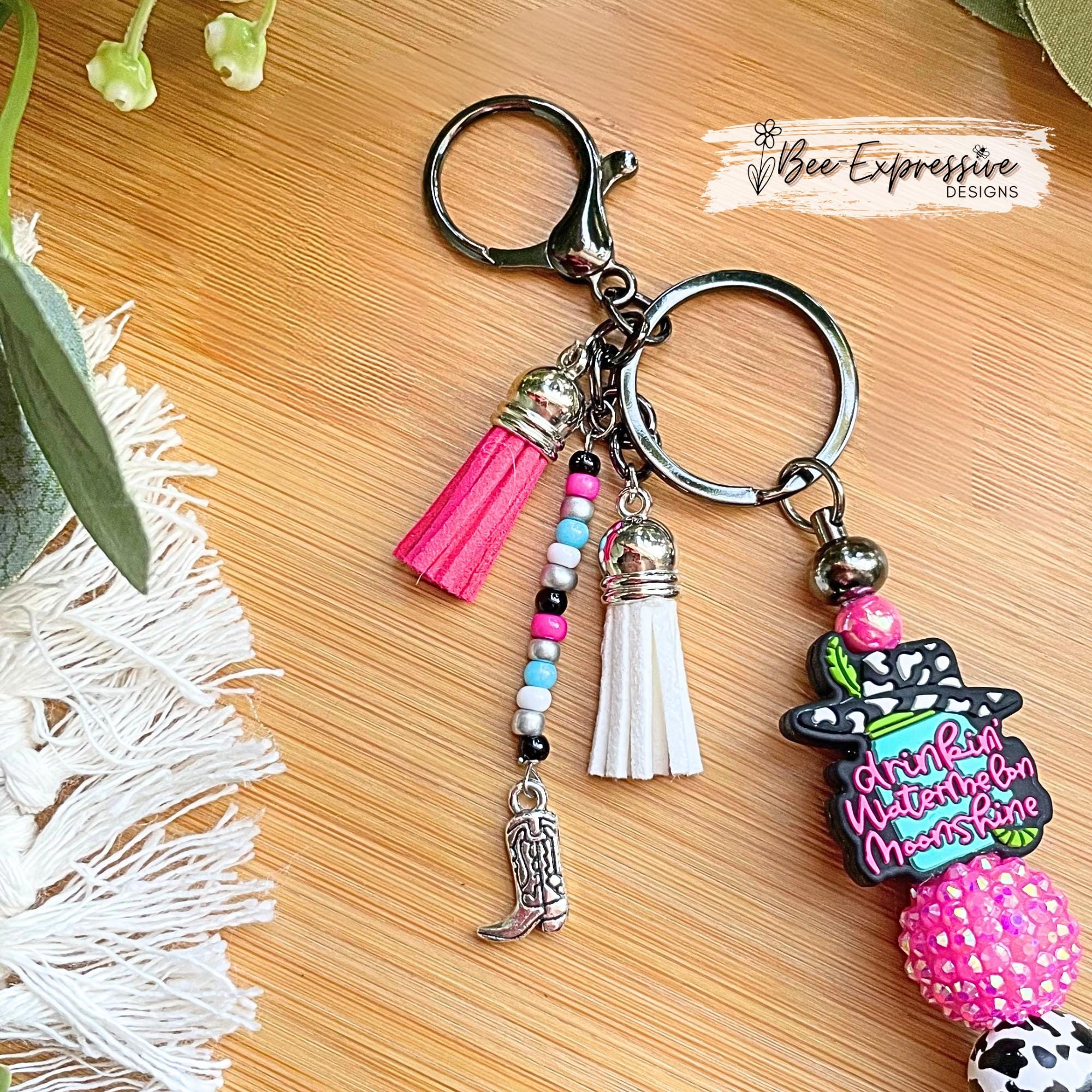 Beaded, Lainey, WATERMELON MOONSHINE, keychain!  Lobster or swivel clasp, chunky bead, animal print bead, acrylic beaded tassel, boot charm