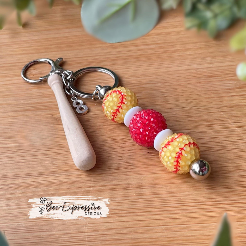 Chunky beaded, softball keychain!  Lobster or swivel clasp, beaded bar, lentil spacers, 12mm beads, wood bat charm, custom jersey # charm!