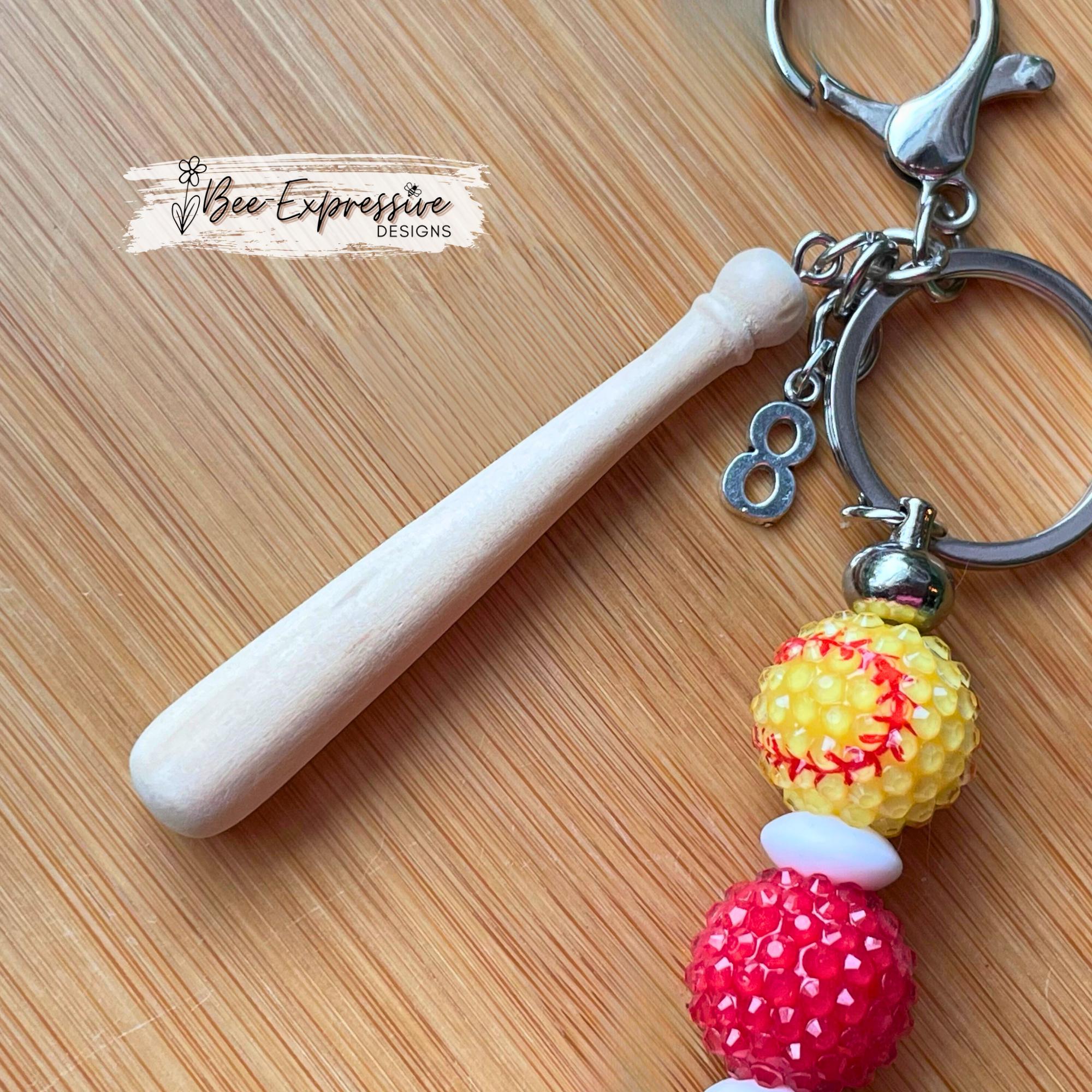 Chunky beaded, softball keychain!  Lobster or swivel clasp, beaded bar, lentil spacers, 12mm beads, wood bat charm, custom jersey # charm!