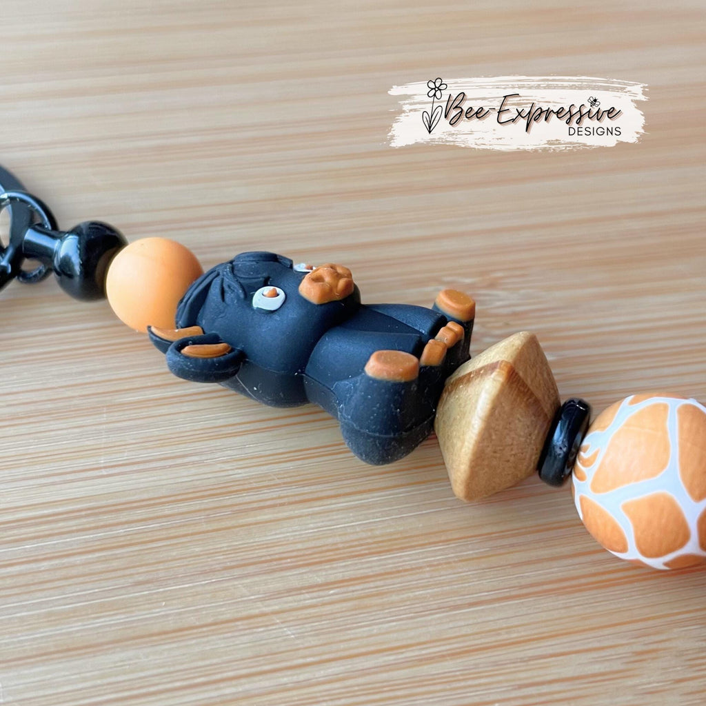 Black 3D COW, BULL, beaded keychain! Lobster clasp, bead bar, animal print bead, silicone beads, beaded tassel with black daisy charm!