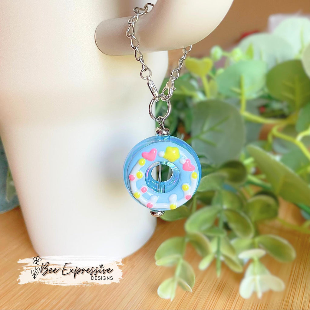 2” acrylic DONUT, tumbler charm chain! Limited edition! Lobster clasps with linked chain. Blue, yellow, pink, white! Stanley handles!