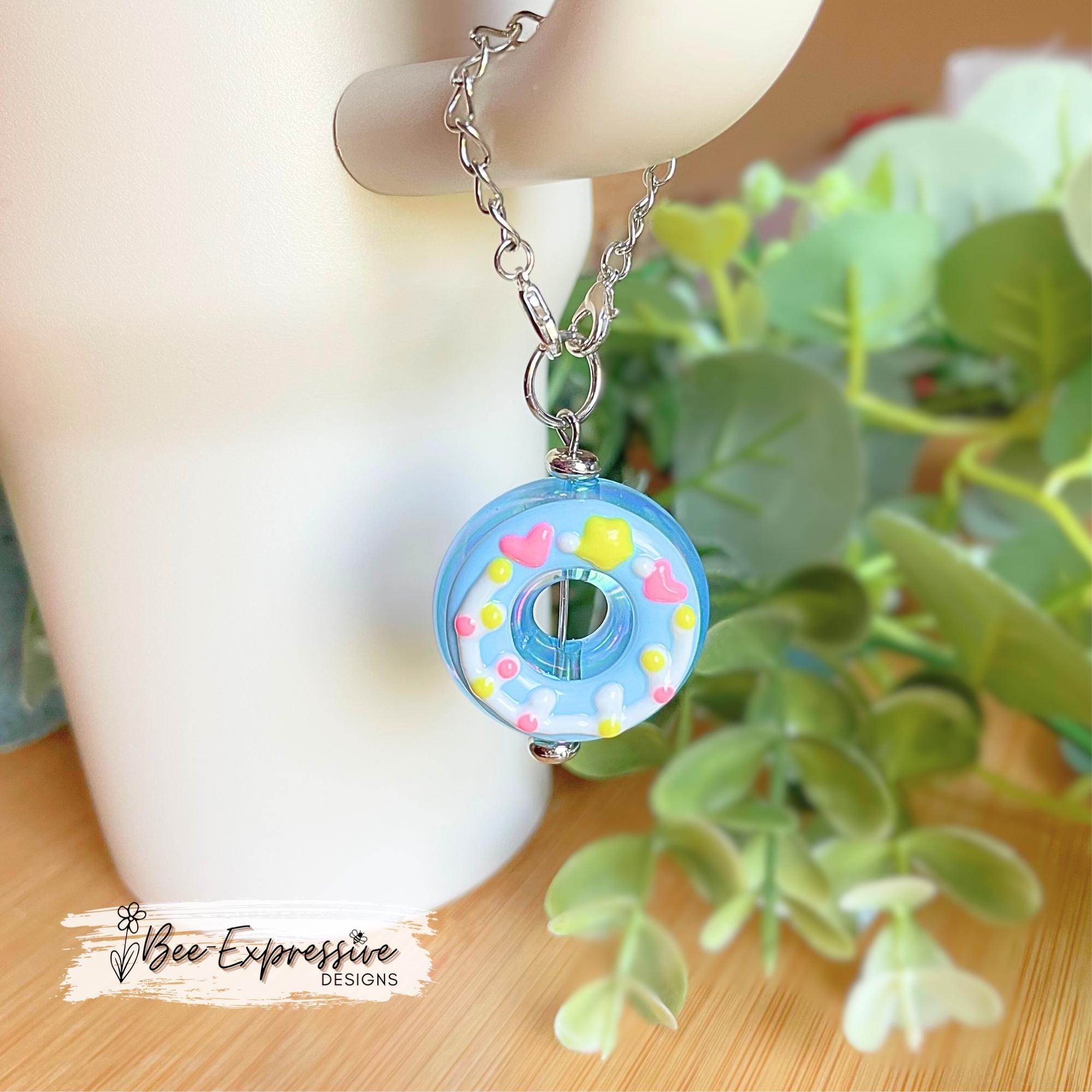 2” acrylic DONUT, tumbler charm chain! Limited edition! Lobster clasps with linked chain. Blue, yellow, pink, white! Stanley handles!