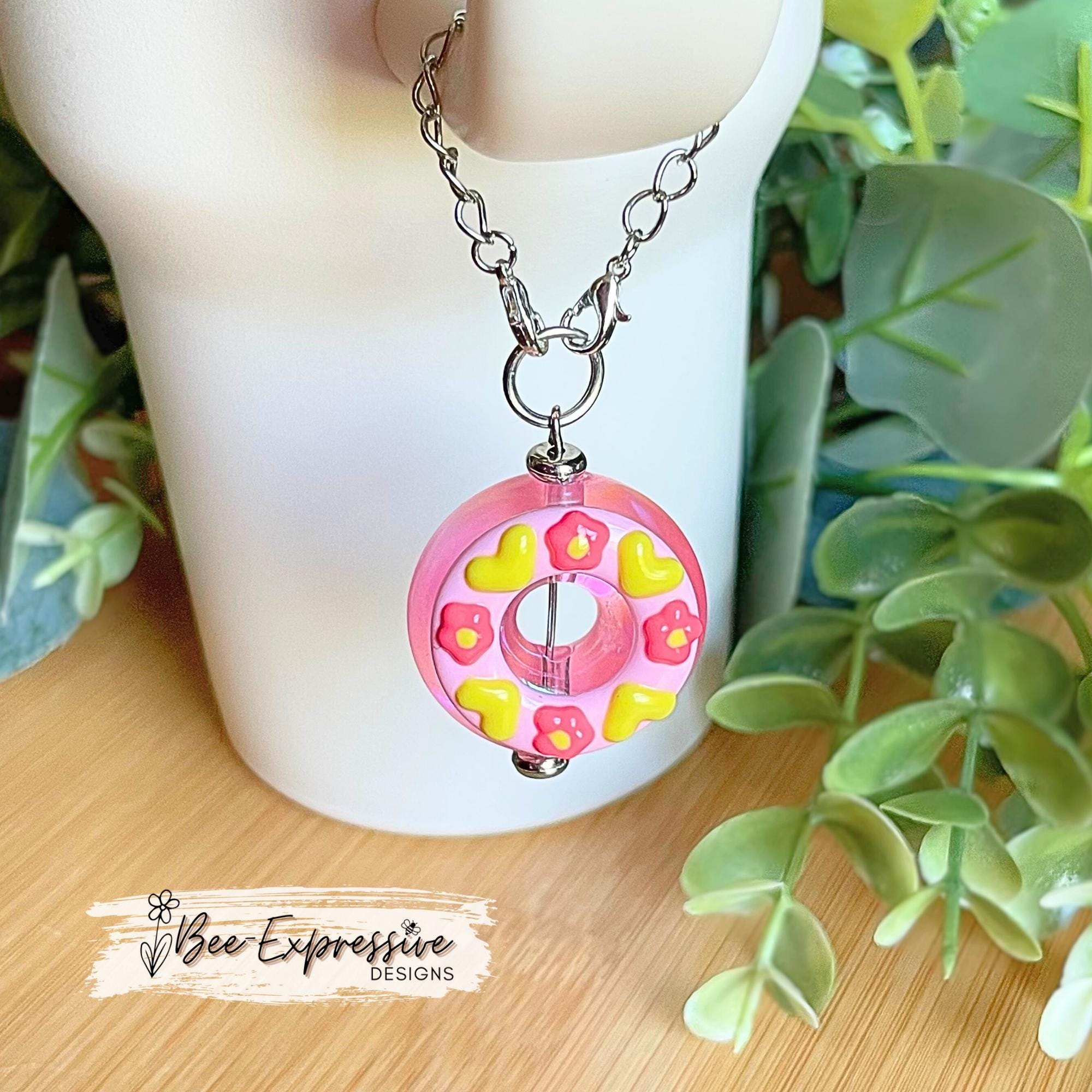 Acrylic Donut Tumbler Charm: Pink & Yellow, Lobster Clasp Chain