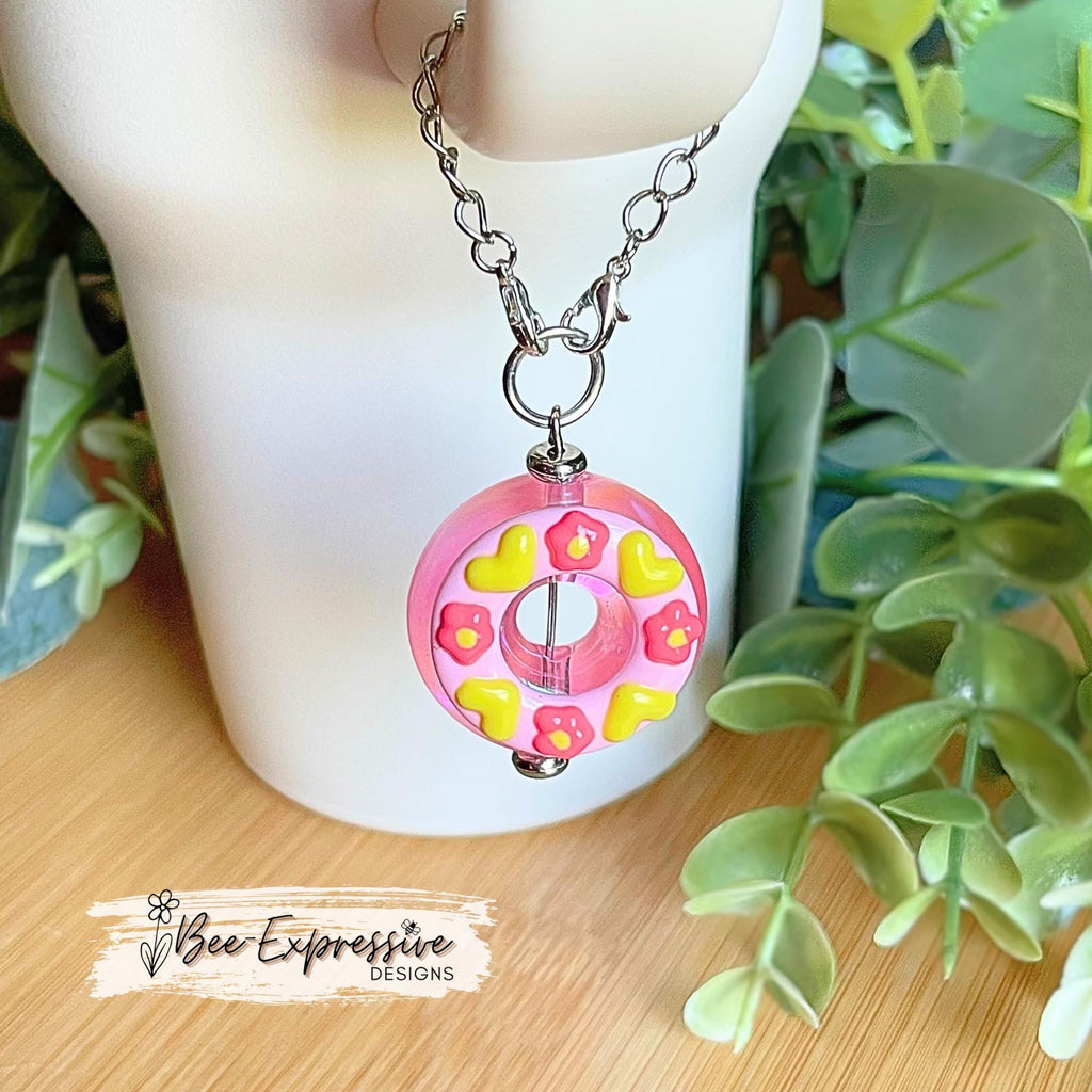 2” acrylic DONUT, tumbler charm chain! Limited edition! Lobster clasps with linked chain. Pink and yellow, perfect for the Stanley handles!