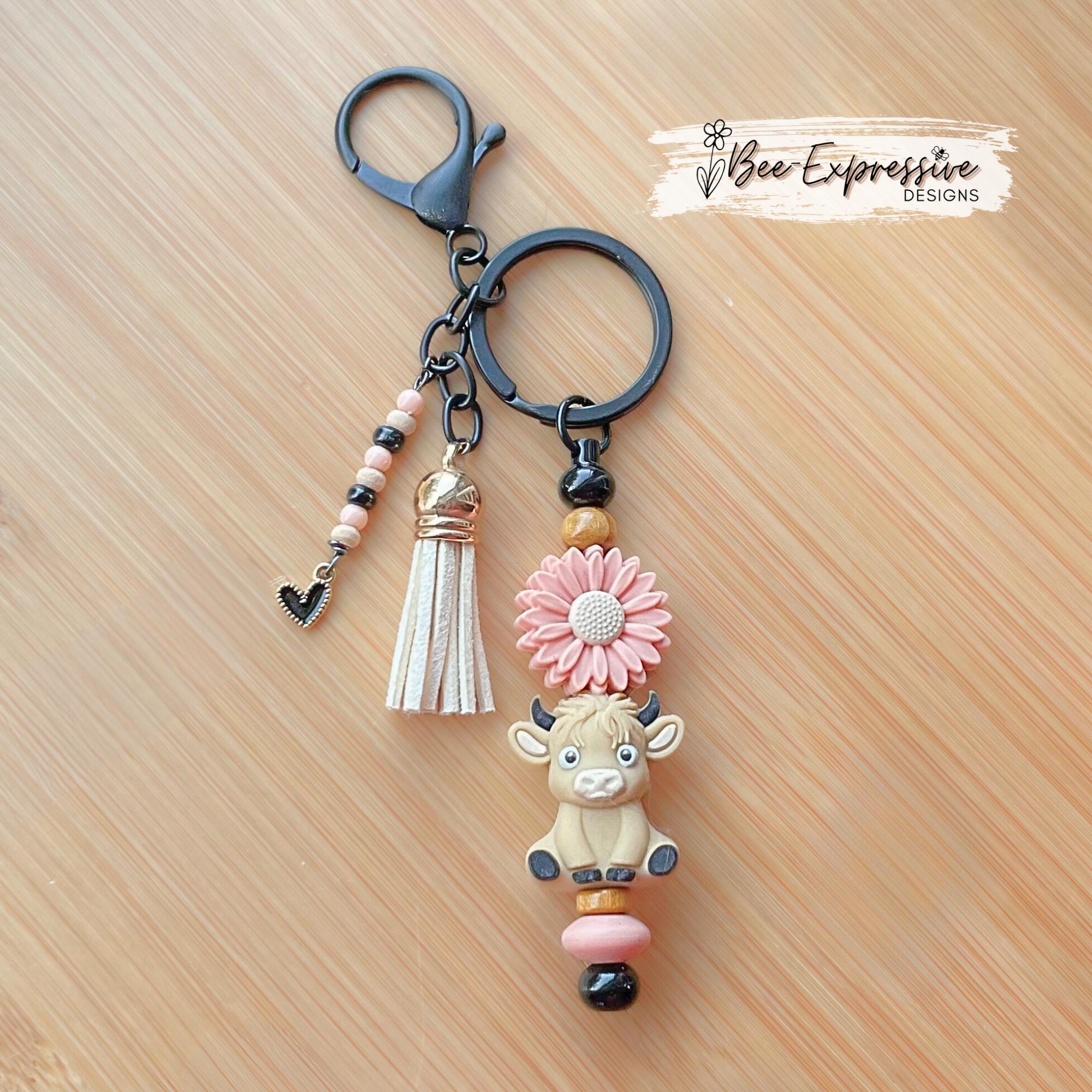 3D Cow Beaded Keychain: Beige Bull, Daisy Flower, Black Heart Charm
