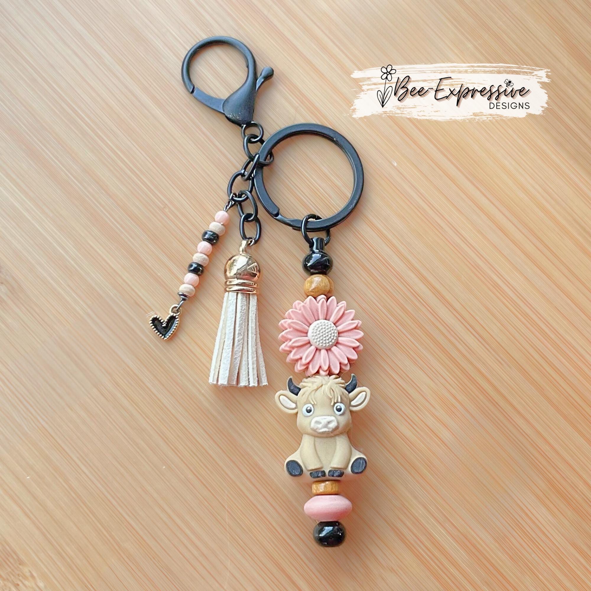 Beige 3D COW, BULL, beaded keychain! Lobster clasp, bead bar, daisy flower bead, silicone & wood beads, beaded tassel with black heart charm
