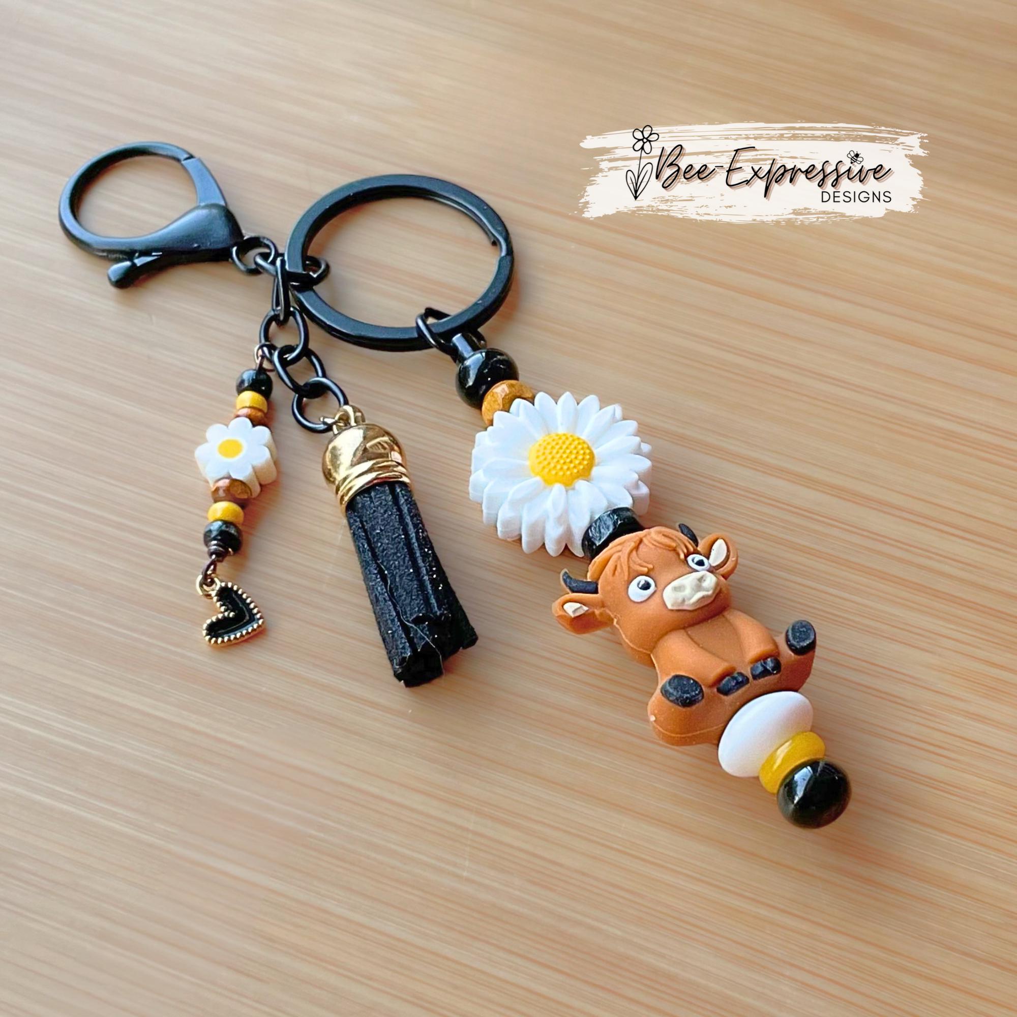 Brown 3D COW, BULL, beaded keychain! Lobster clasp, bead bar, sunflower bead, silicone & wood beads, beaded tassel with black heart charm