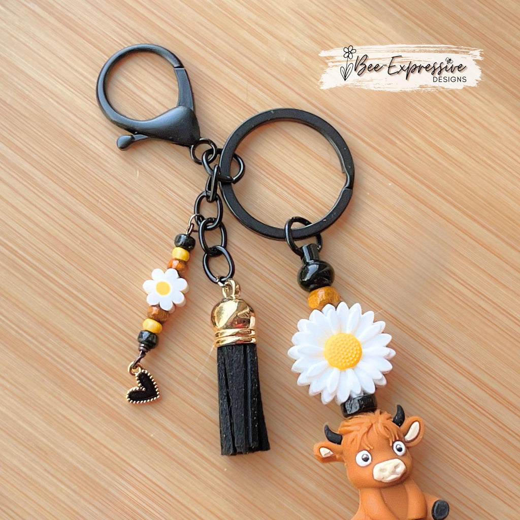 Brown 3D COW, BULL, beaded keychain! Lobster clasp, bead bar, sunflower bead, silicone & wood beads, beaded tassel with black heart charm