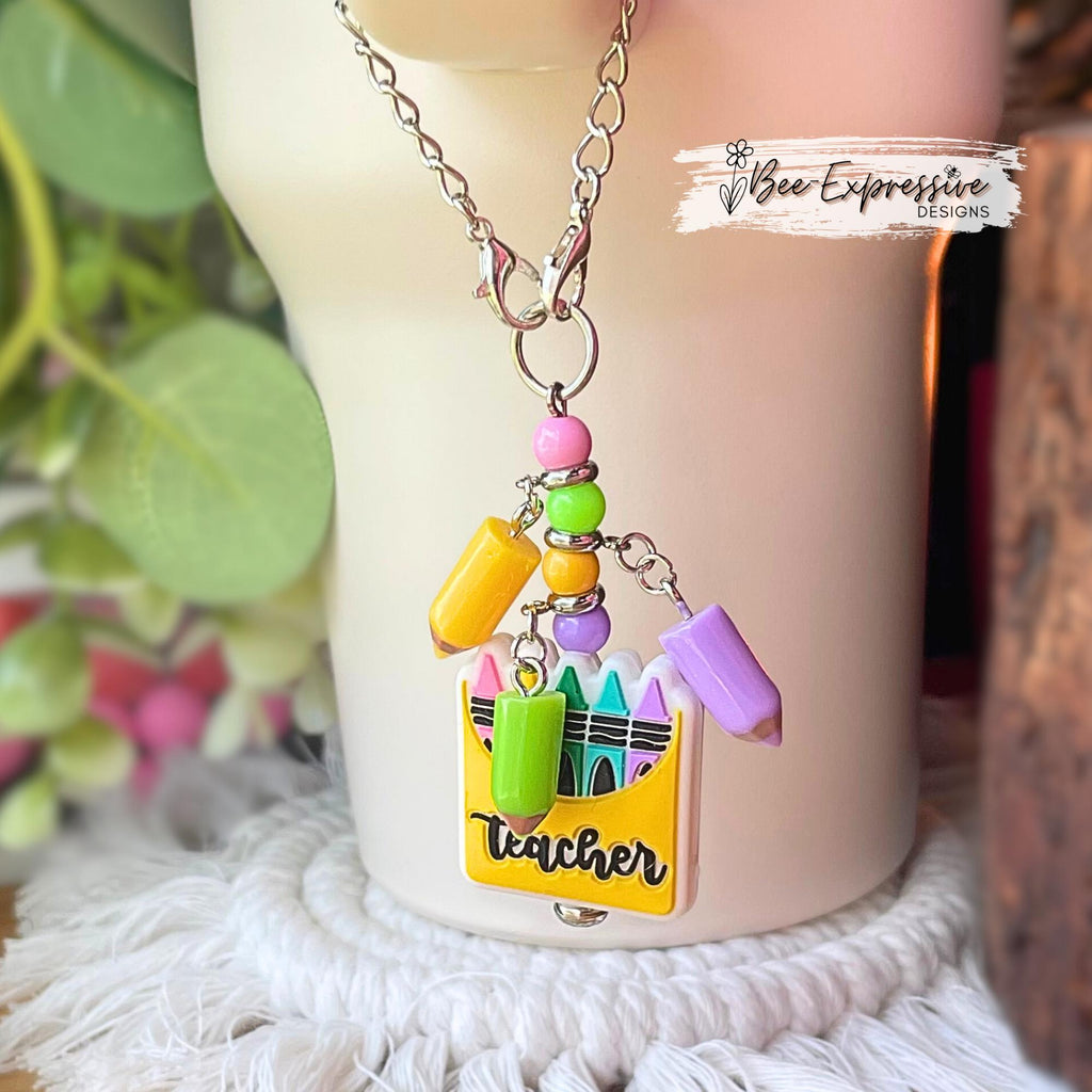 Teacher, tumbler charm chain! Connects with 2 small lobster claw clasps, silicone focal bead, acrylic beads and crayon charms! So cute!