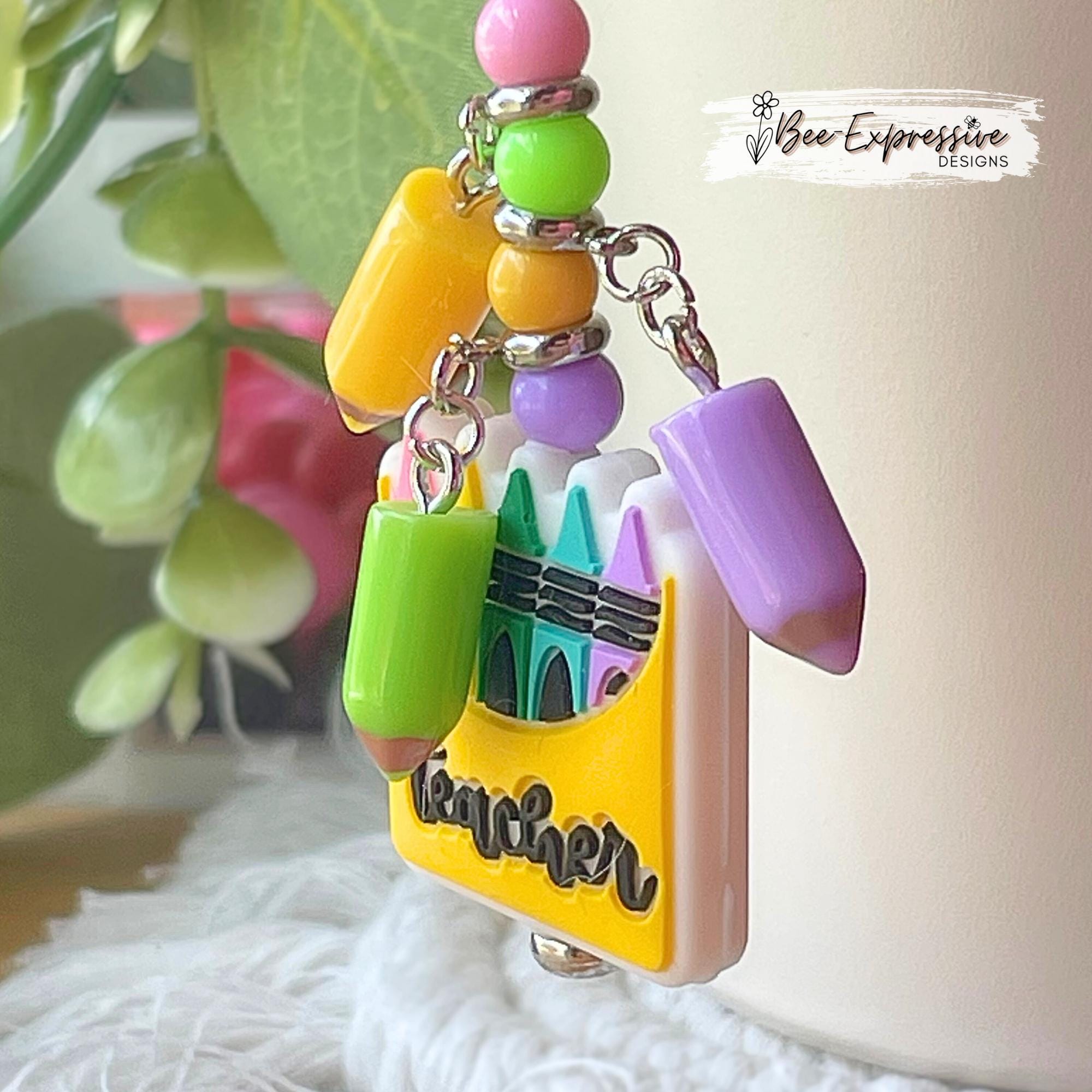 Teacher, tumbler charm chain! Connects with 2 small lobster claw clasps, silicone focal bead, acrylic beads and crayon charms! So cute!
