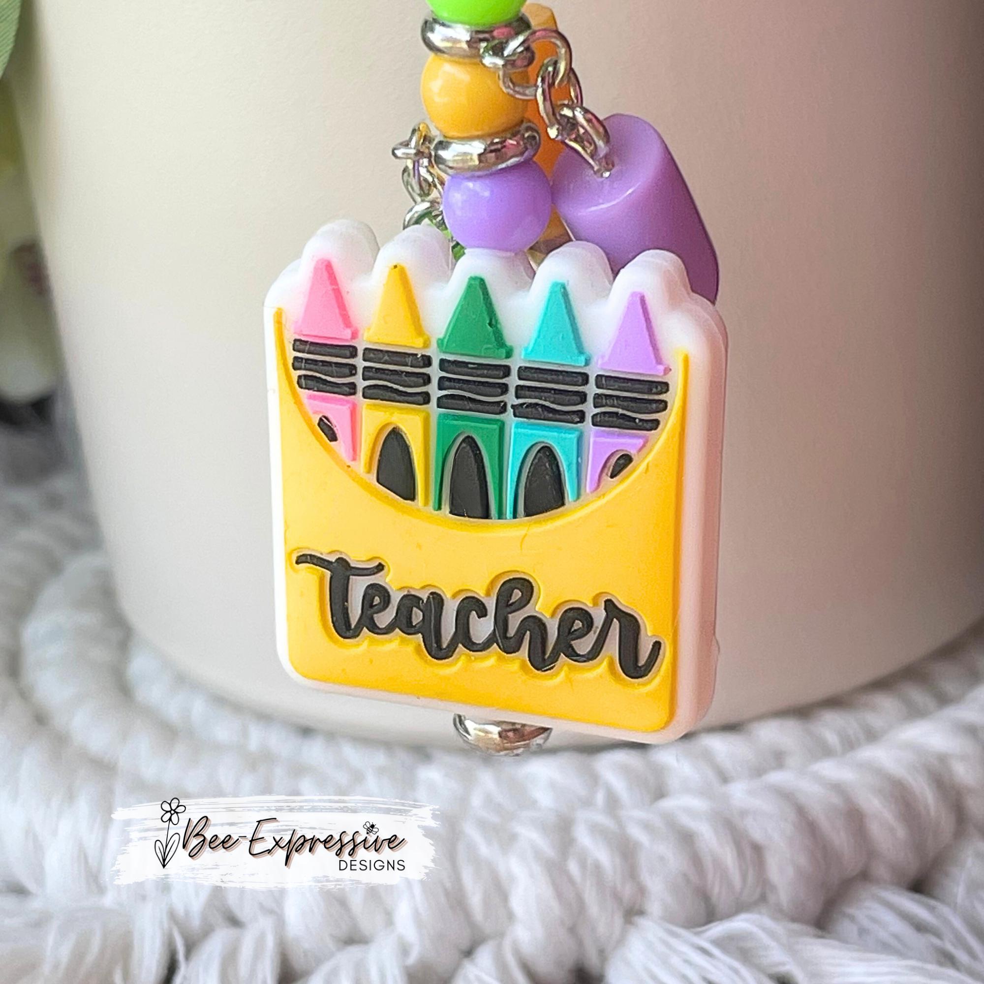 Teacher, tumbler charm chain! Connects with 2 small lobster claw clasps, silicone focal bead, acrylic beads and crayon charms! So cute!