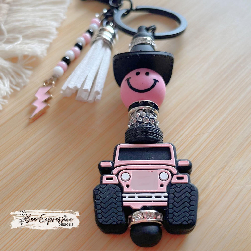 Unique, COWBOY 4x4 keychain! Lobster or swivel clasp, toy tire bead, 3D silicone cowgirl hat, beaded tassel & a pink  lightning charm