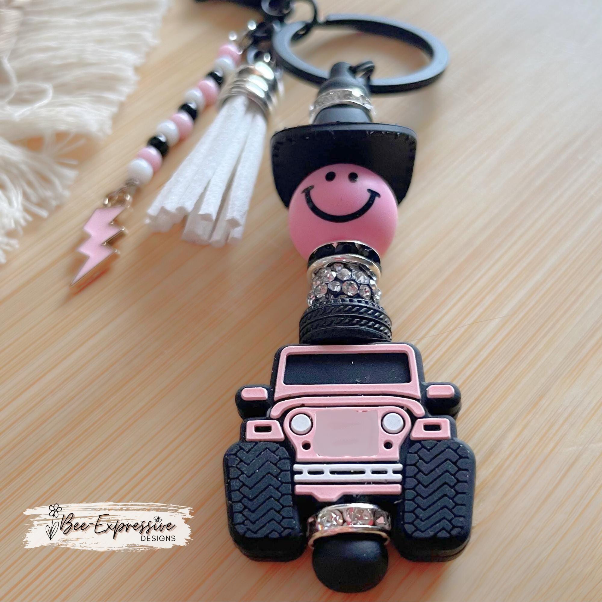 Unique, COWBOY 4x4 keychain! Lobster or swivel clasp, toy tire bead, 3D silicone cowgirl hat, beaded tassel & a pink  lightning charm