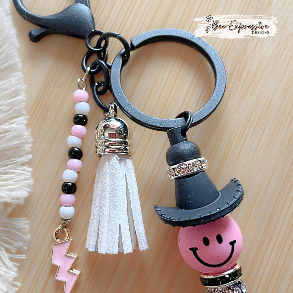Unique, COWBOY 4x4 keychain! Lobster or swivel clasp, toy tire bead, 3D silicone cowgirl hat, beaded tassel & a pink  lightning charm