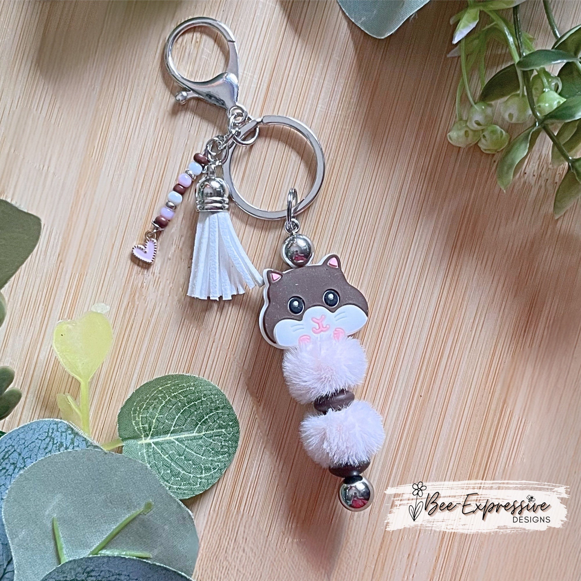 Beaded, HAMSTER keychain! Lobster or swivel clasp, fuzzy beads, lentil silicone bead, acrylic beaded tassel with metal heart shaped charm!