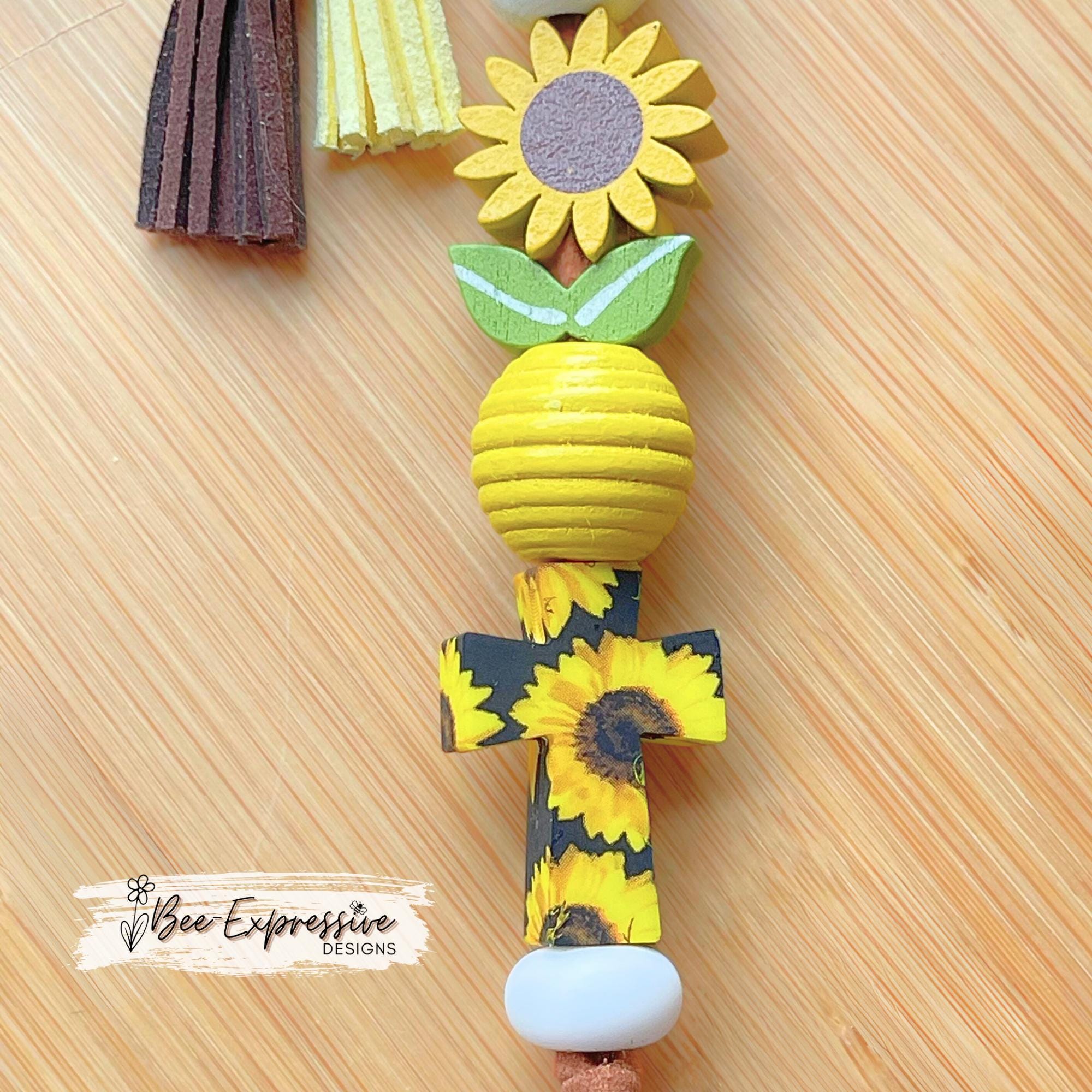 SUNFLOWER & bumble bee, keychain! Lobster clasp, corded, wood sunflower beads, bee bead, silicone sunflower cross, a daisy charm pendant!