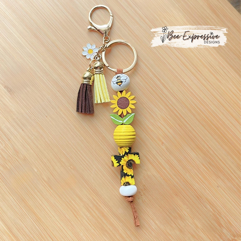 SUNFLOWER & bumble bee, keychain! Lobster clasp, corded, wood sunflower beads, bee bead, silicone sunflower cross, a daisy charm pendant!