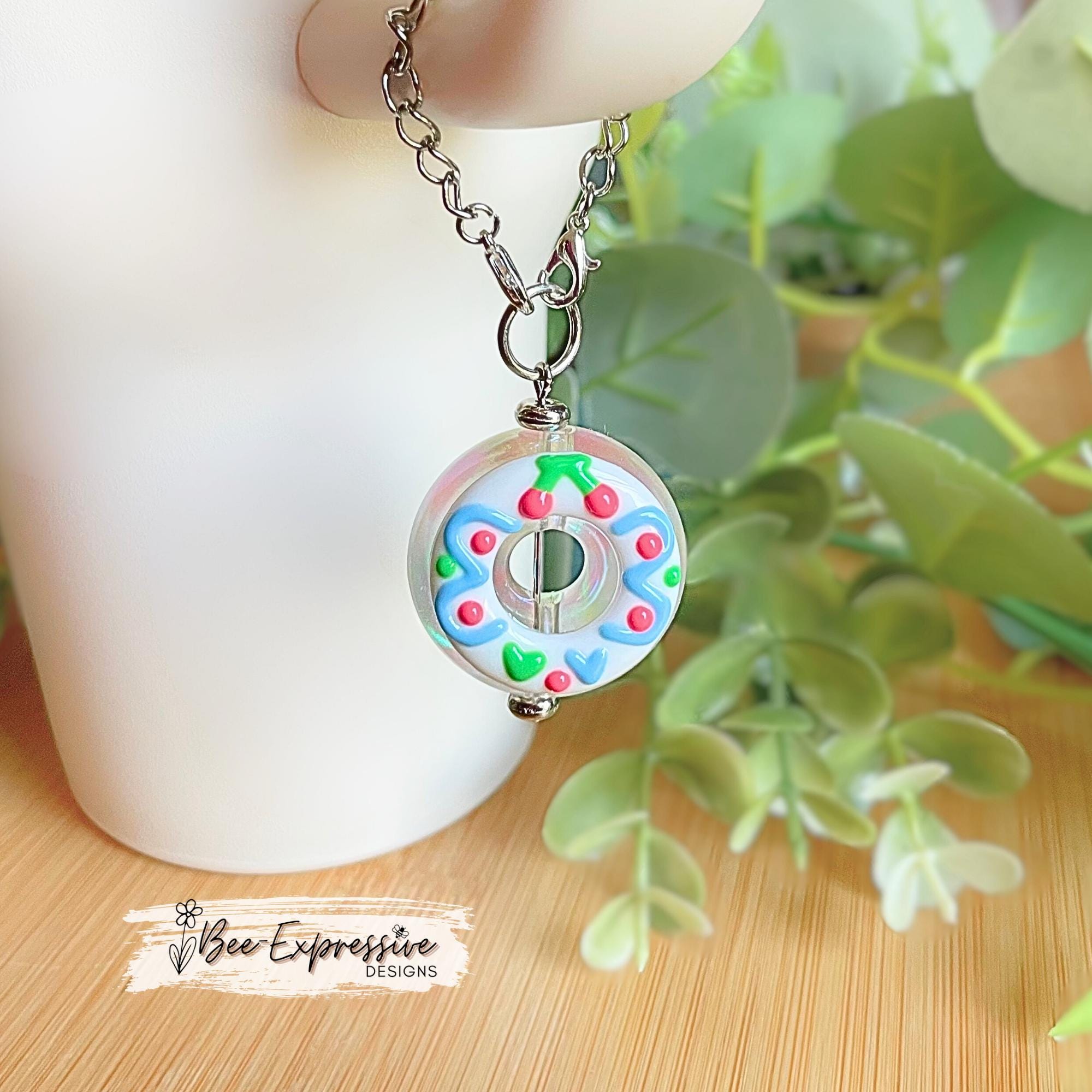 2” acrylic DONUT, tumbler charm chain! Limited edition! Lobster clasps with linked chain. White, blue, & pink! Stanley handles!
