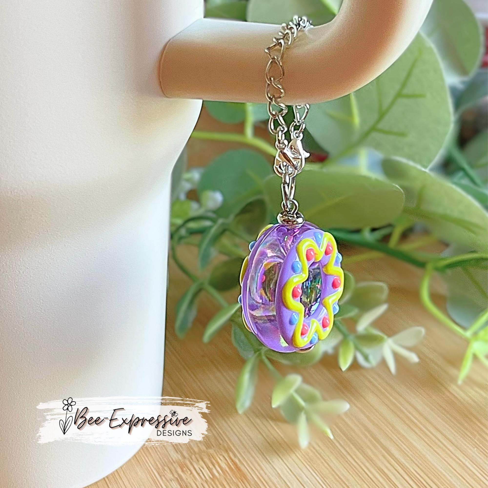 2” acrylic DONUT, tumbler charm chain! Limited edition! Lobster clasps with linked chain. Purple, yellow, pink, blue! Stanley handles!