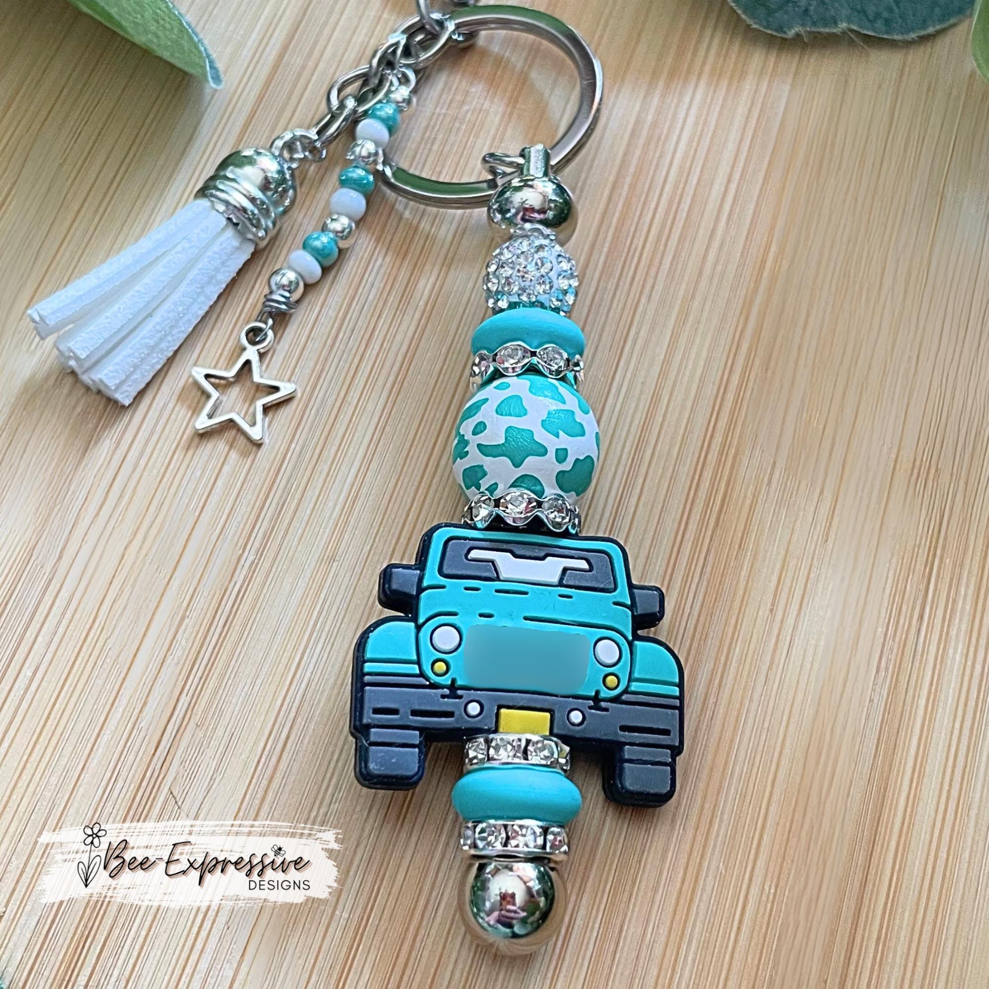 Beaded, 4x4 vehicle keychain! Lobster or swivel clasp, lentil beads, wood animal print bead, rhinestone spacers and tassels!