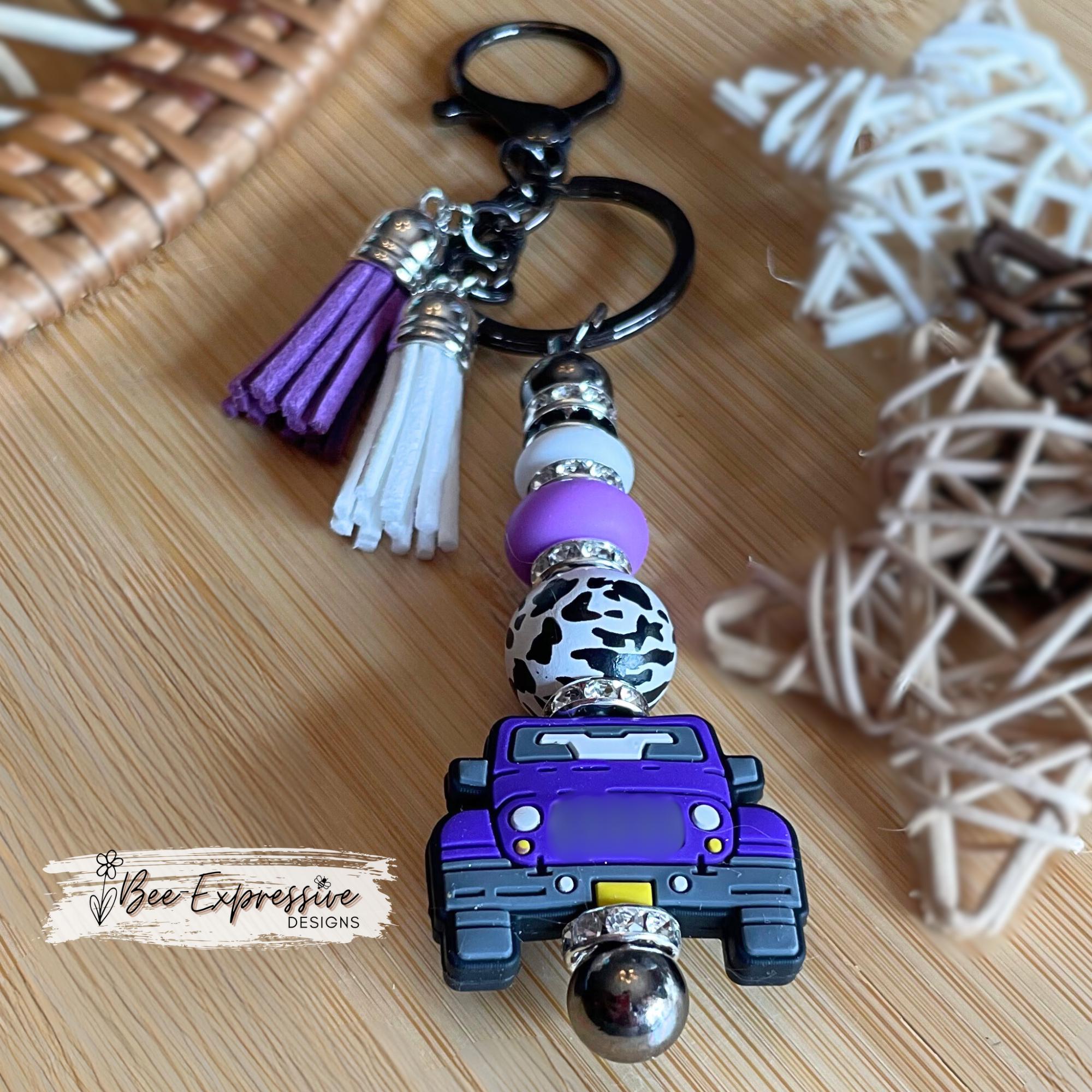 Beaded, 4x4 keychain!  Lobster or swivel clasp, wood animal print bead, silicone lentils, rhinestone spacers, & color coordinated tassels