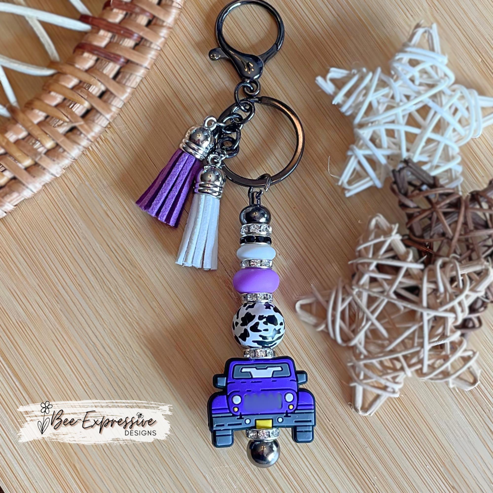 Beaded, 4x4 keychain!  Lobster or swivel clasp, wood animal print bead, silicone lentils, rhinestone spacers, & color coordinated tassels