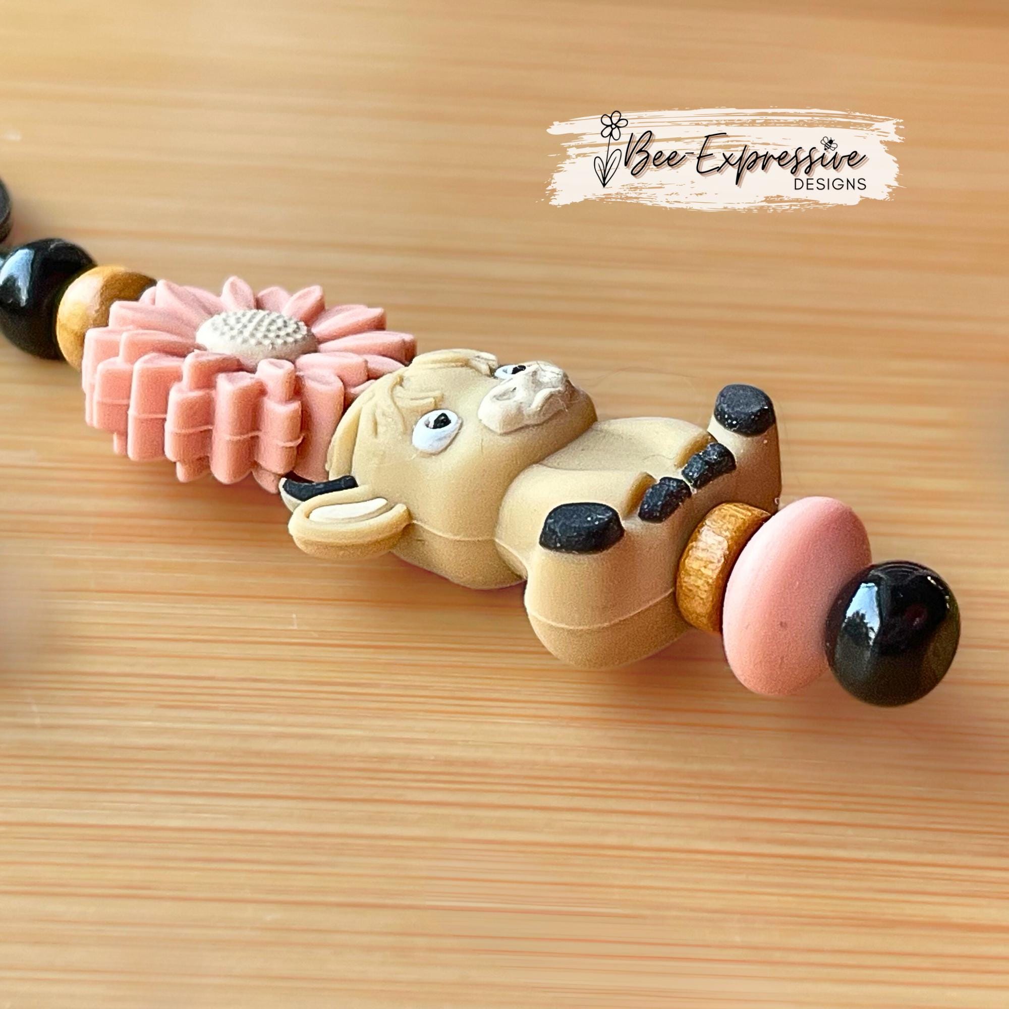 Beige 3D COW, BULL, beaded keychain! Lobster clasp, bead bar, daisy flower bead, silicone & wood beads, beaded tassel with black heart charm