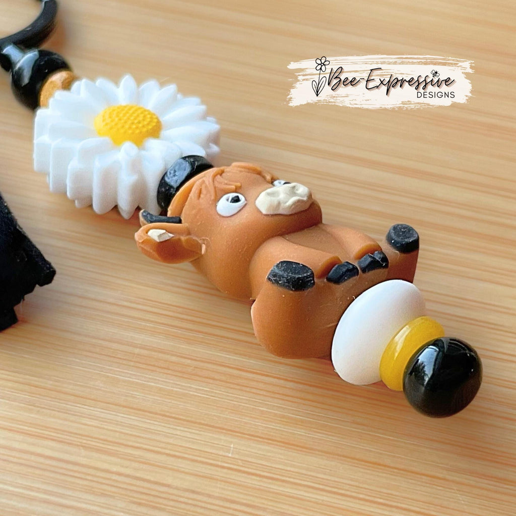 Brown 3D COW, BULL, beaded keychain! Lobster clasp, bead bar, sunflower bead, silicone & wood beads, beaded tassel with black heart charm