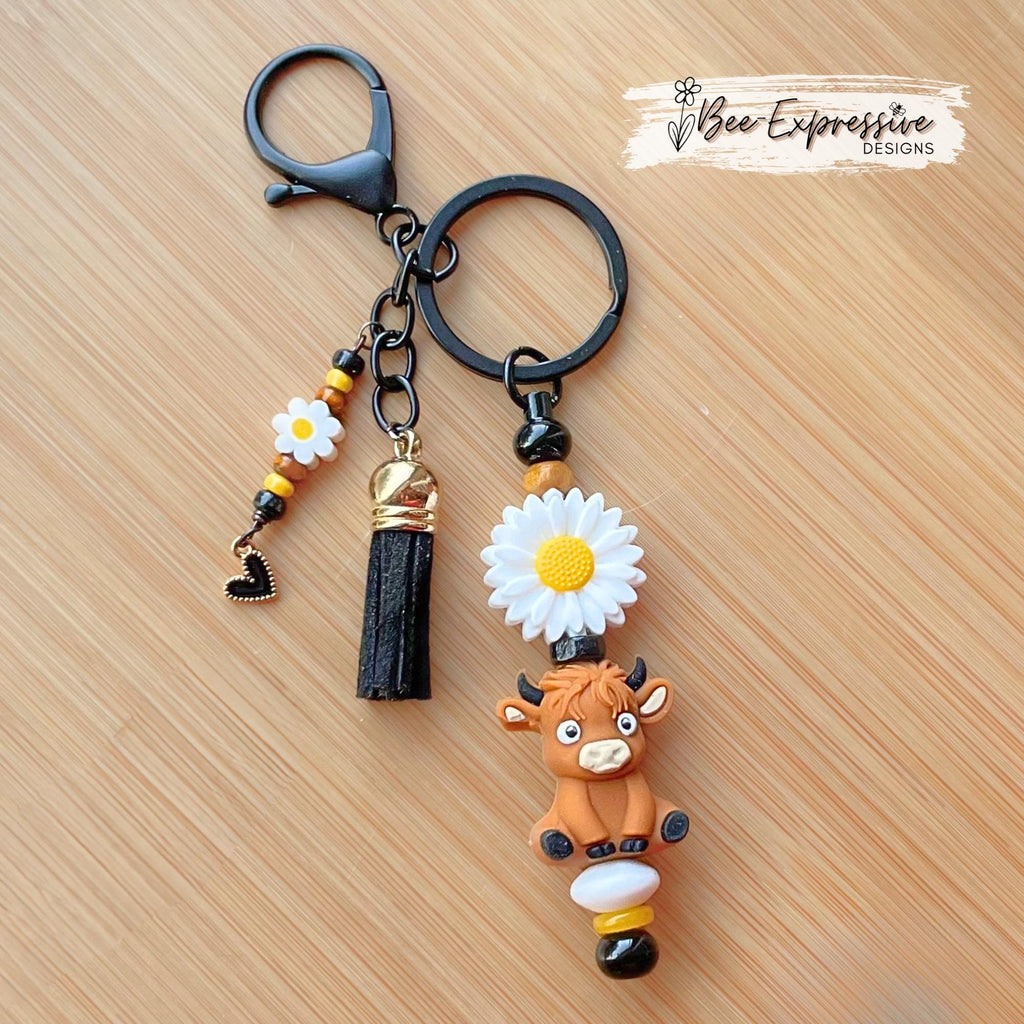 Brown 3D COW, BULL, beaded keychain! Lobster clasp, bead bar, sunflower bead, silicone & wood beads, beaded tassel with black heart charm
