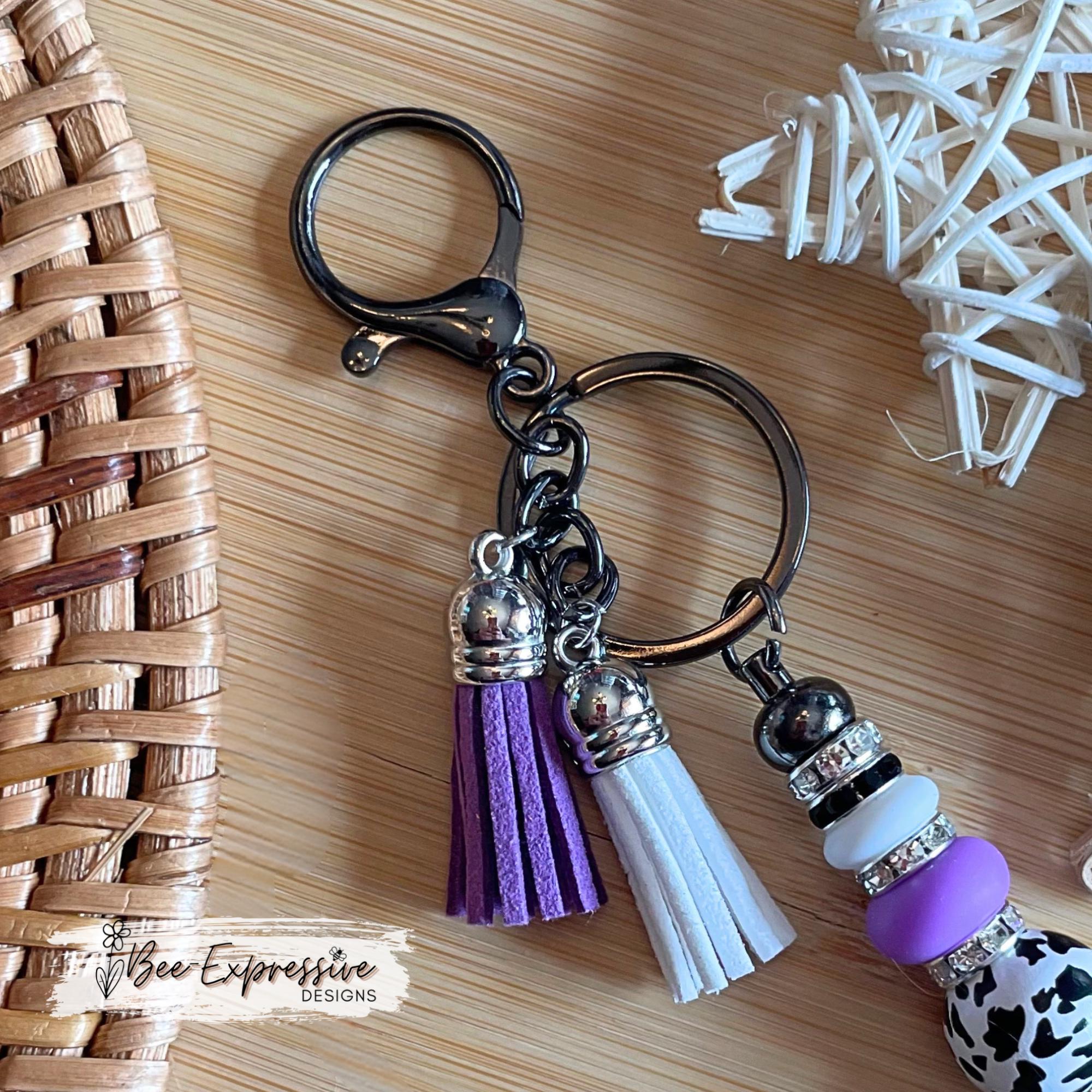 Beaded, 4x4 keychain!  Lobster or swivel clasp, wood animal print bead, silicone lentils, rhinestone spacers, & color coordinated tassels