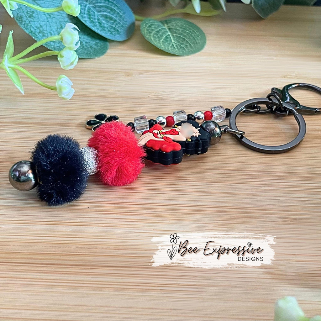 Boop lady, in the red dress, keychain! Lobster or swivel clasp, keyring, furry beads, acrylic beaded tassel, black metal flower charm!