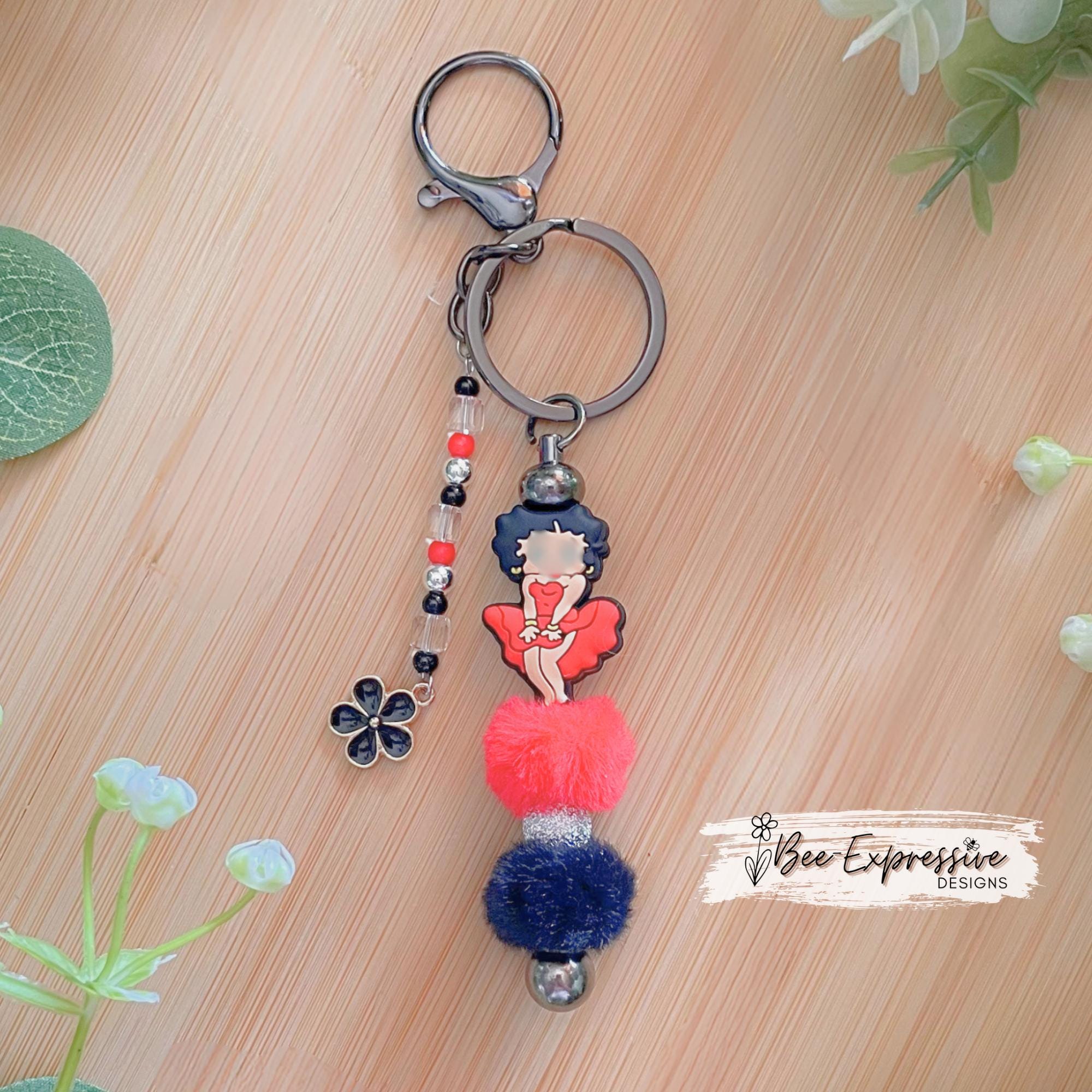 Boop lady, in the red dress, keychain! Lobster or swivel clasp, keyring, furry beads, acrylic beaded tassel, black metal flower charm!