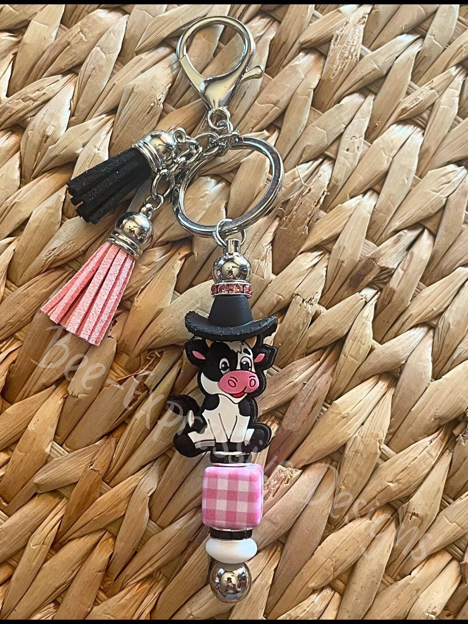 Beaded Cow Keychain: Cowboy Hat, Gingham Bead & Tassel