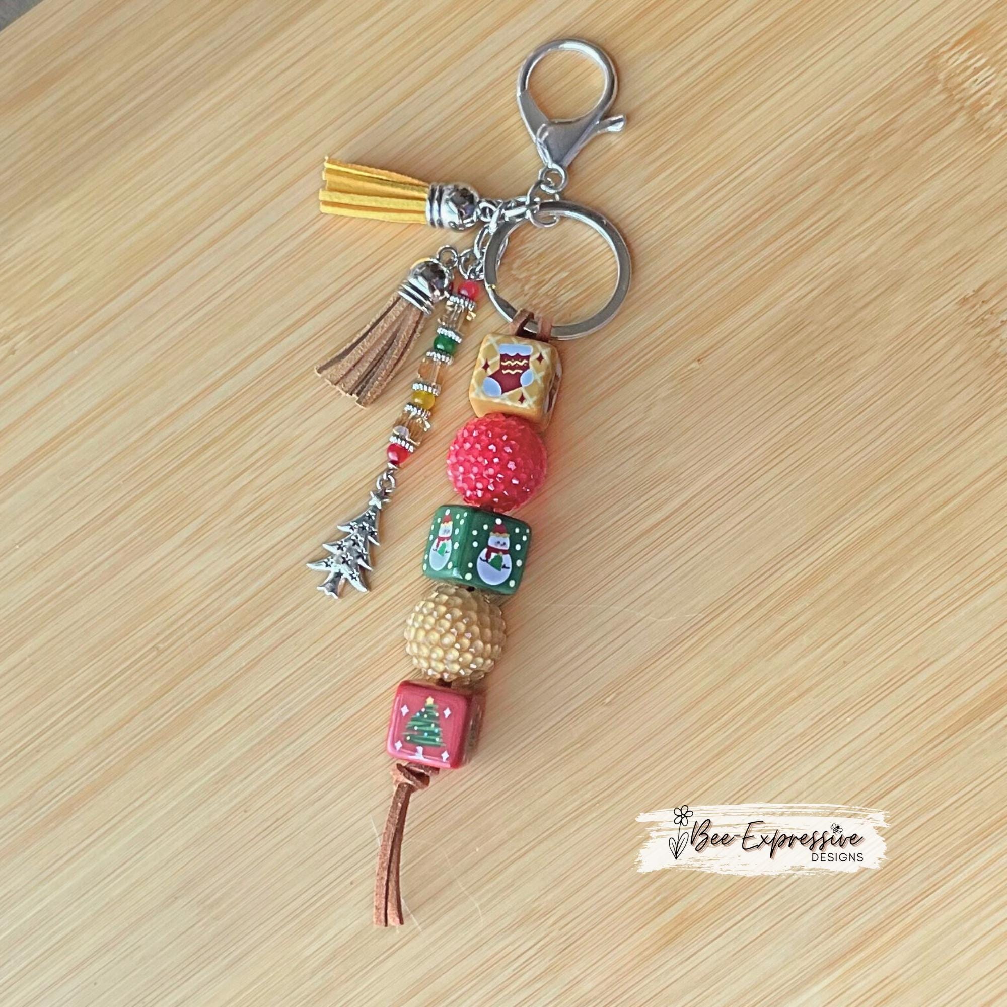 Handmade, chunky CHRISTMAS, beaded snowman keychain! Lobster or swivel clasp, suede cord, printed wood beads, beaded tassel with tree charm!