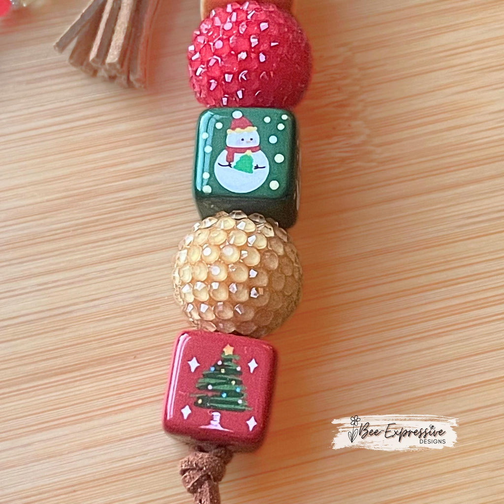 Handmade, chunky CHRISTMAS, beaded snowman keychain! Lobster or swivel clasp, suede cord, printed wood beads, beaded tassel with tree charm!