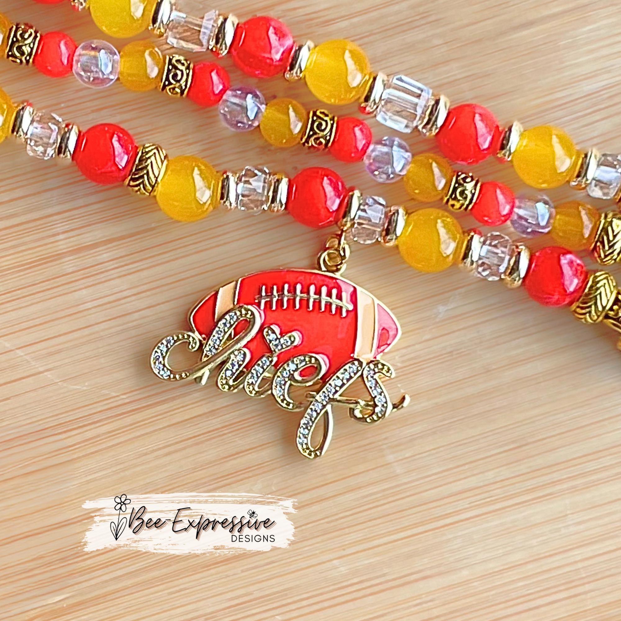 Handmade KC Chiefs Kingdom Watch Band: Gold Toned, Glass & Acrylic Beads, Chiefs Charms