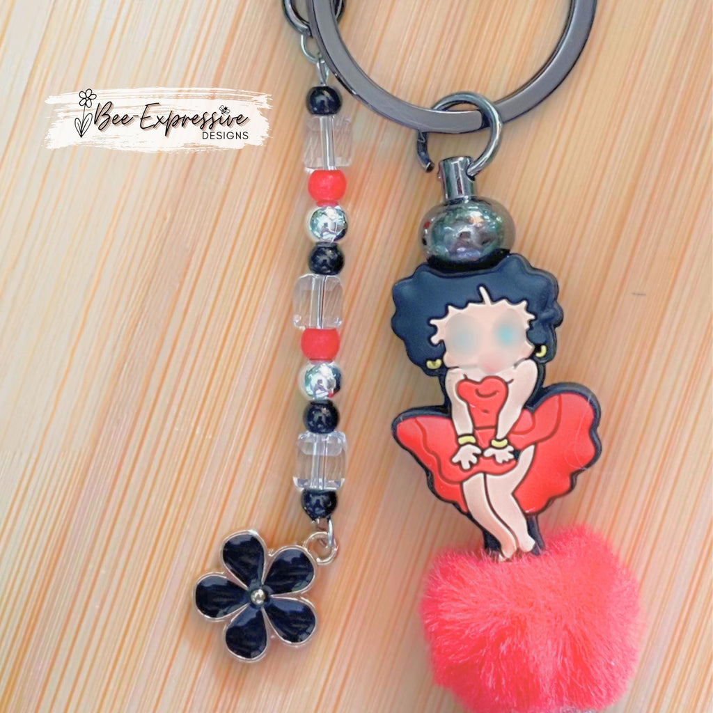 Boop lady, in the red dress, keychain! Lobster or swivel clasp, keyring, furry beads, acrylic beaded tassel, black metal flower charm!