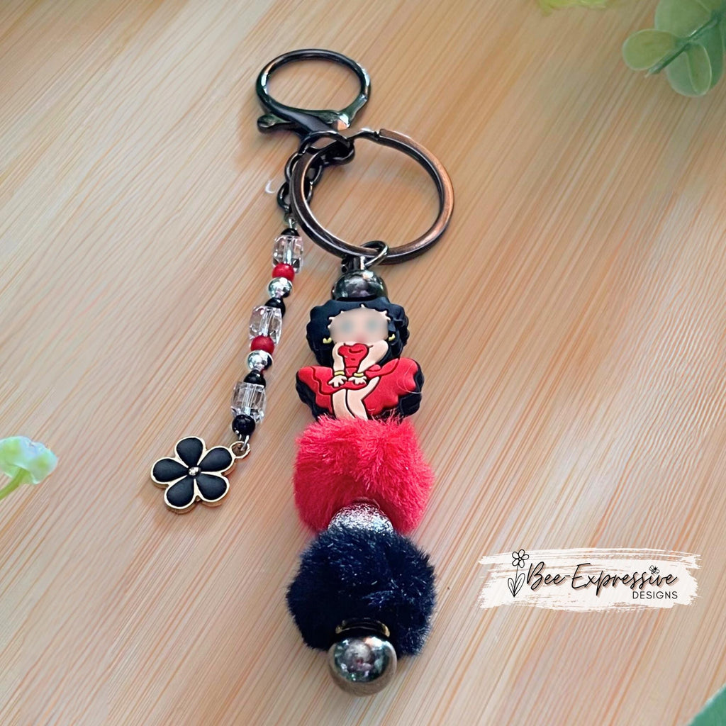 Boop lady, in the red dress, keychain! Lobster or swivel clasp, keyring, furry beads, acrylic beaded tassel, black metal flower charm!