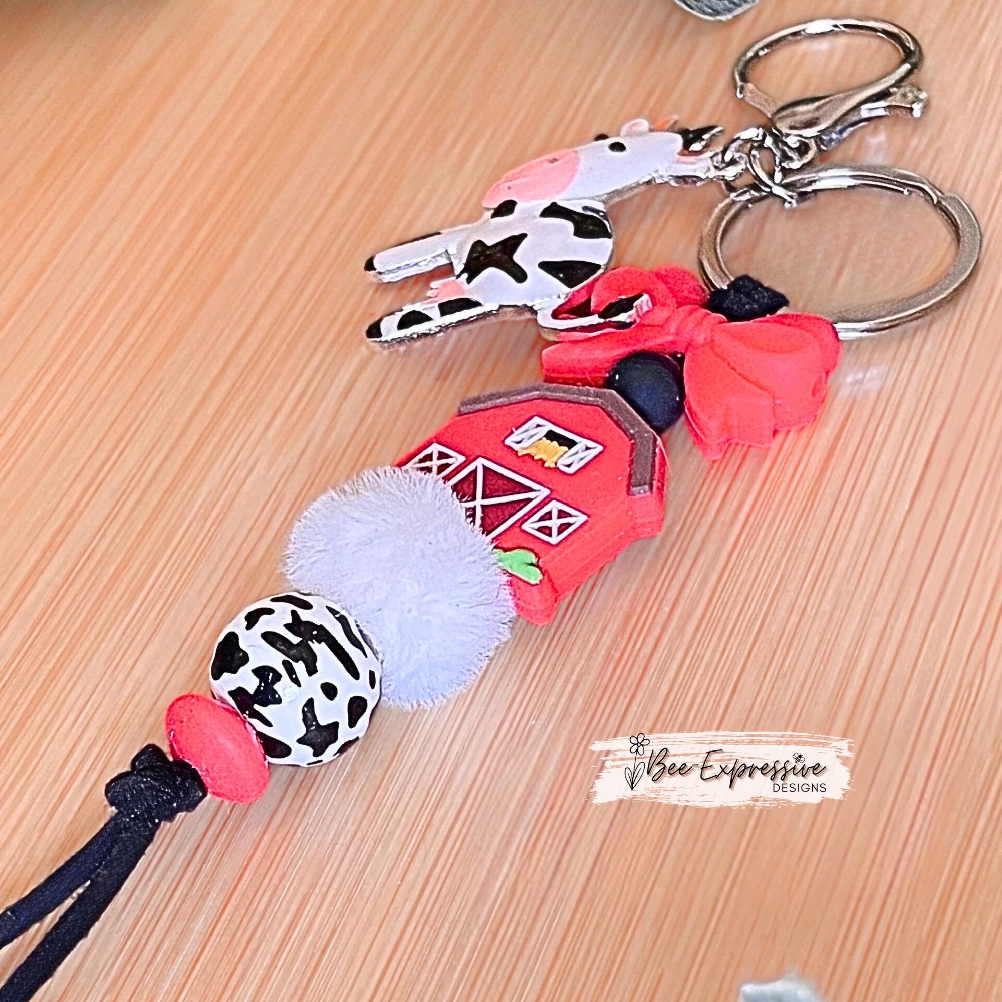Cow charm, silicone barn & bow, keychain! Lobster or swivel clasp, black suede cord, furry and cow print wood bead, metal cow charm!