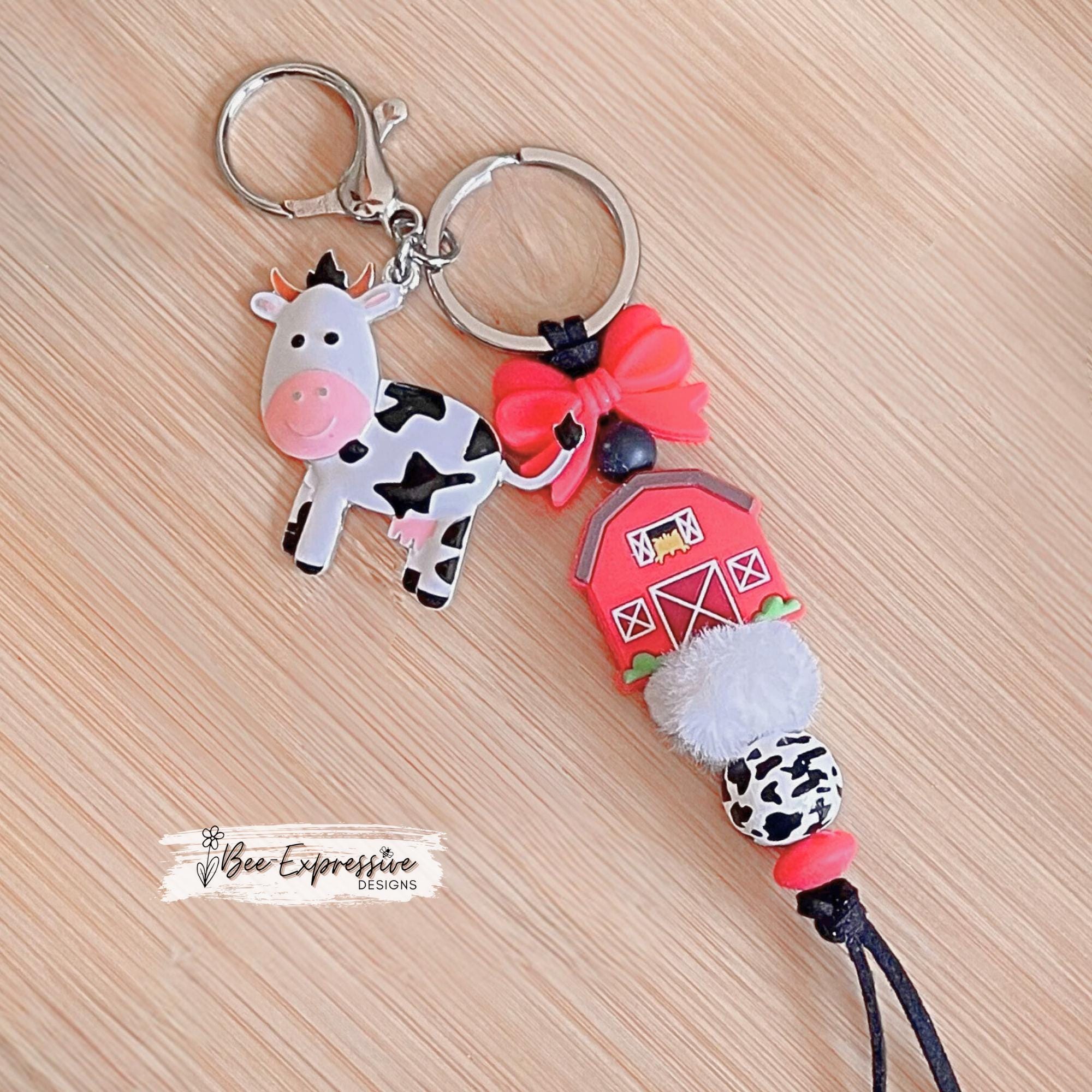 Cow Charm Keychain: Red Barn, Furry Bead, Black Suede Cord