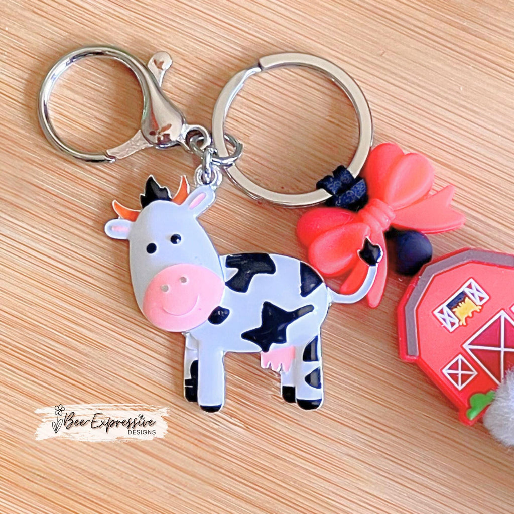 Cow charm, silicone barn & bow, keychain! Lobster or swivel clasp, black suede cord, furry and cow print wood bead, metal cow charm!